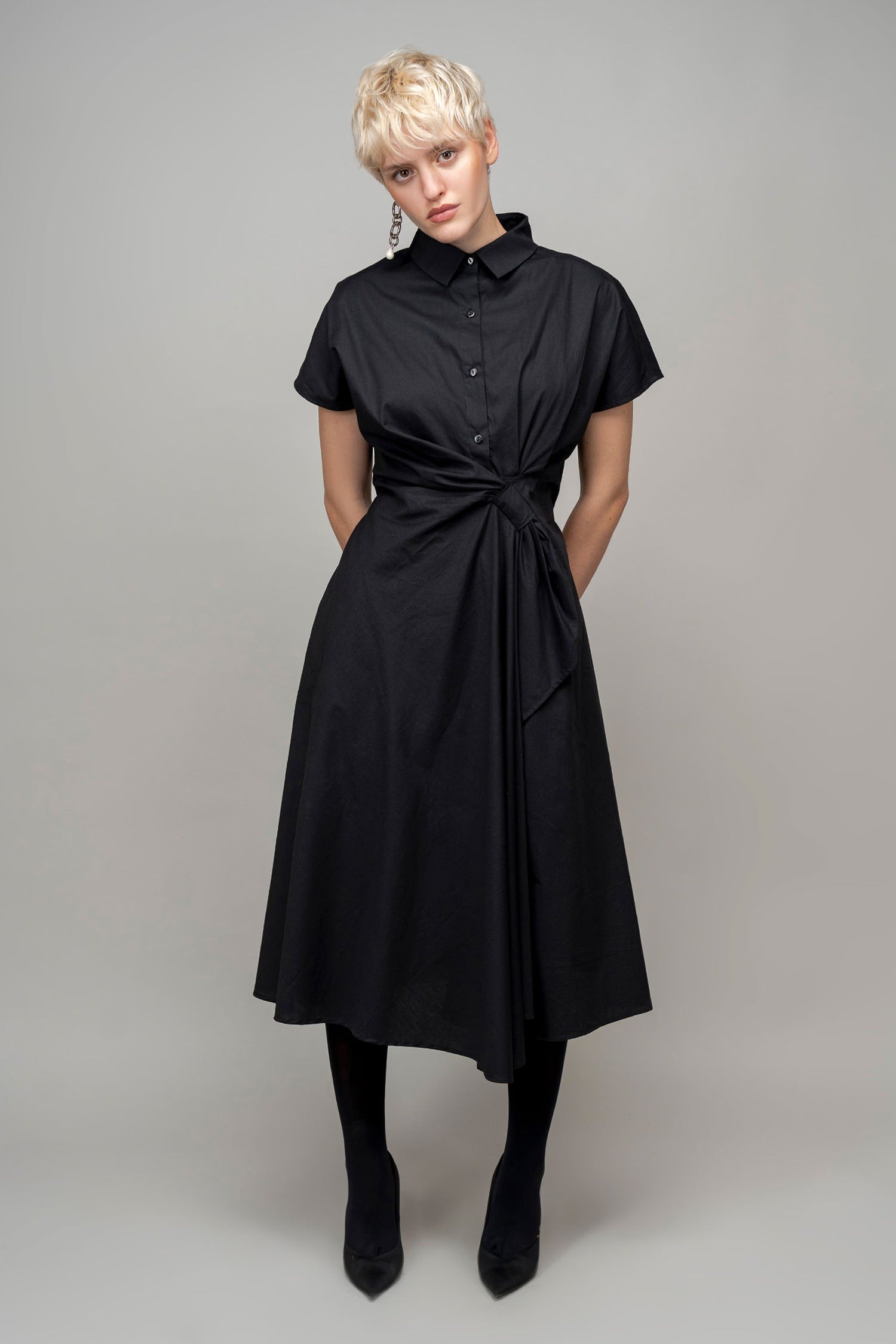 Black Cotton Collared Wrap Dress for Women