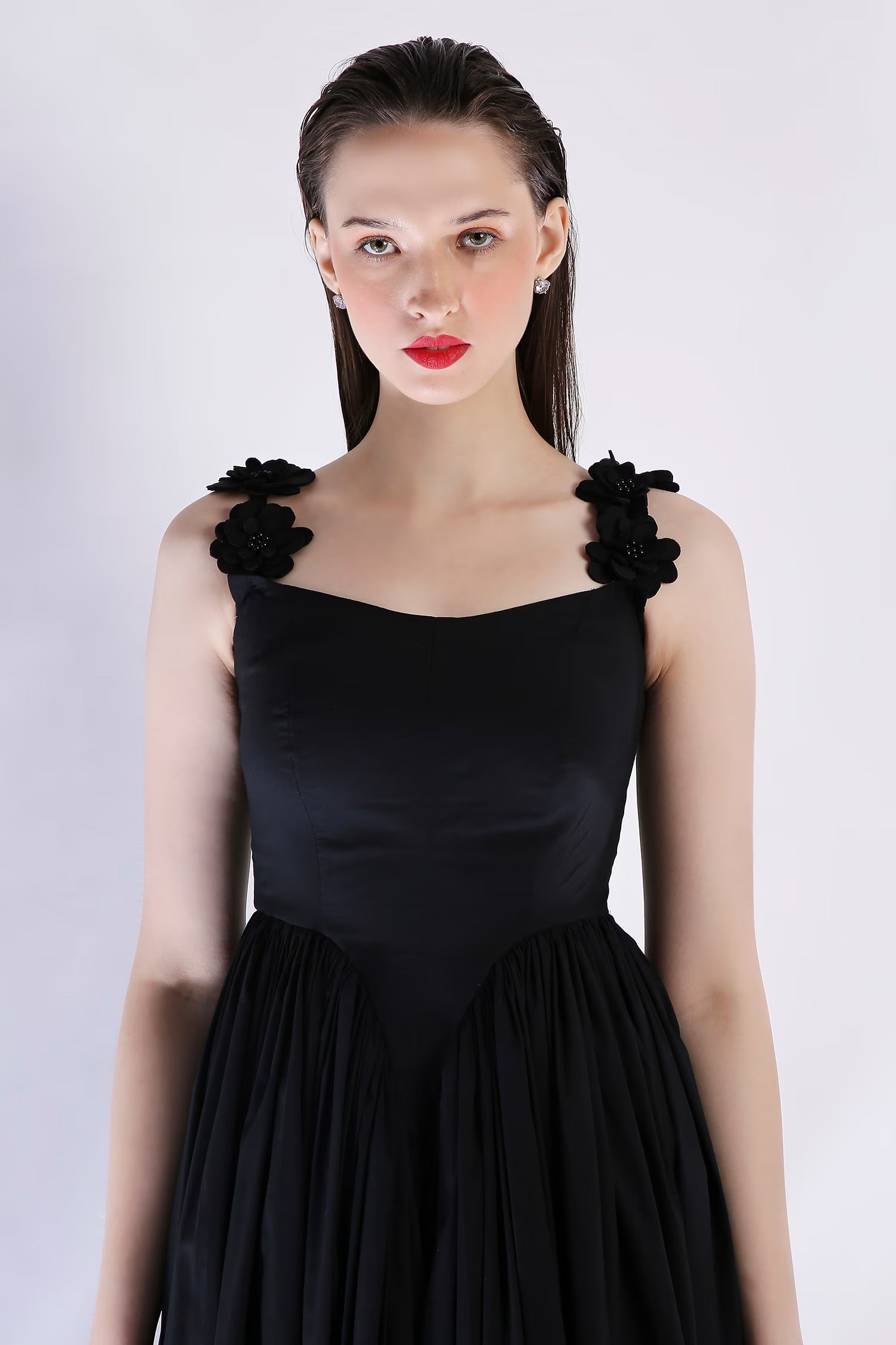 Black Cotton Embroidery Sweetheart Neck Dress for Women