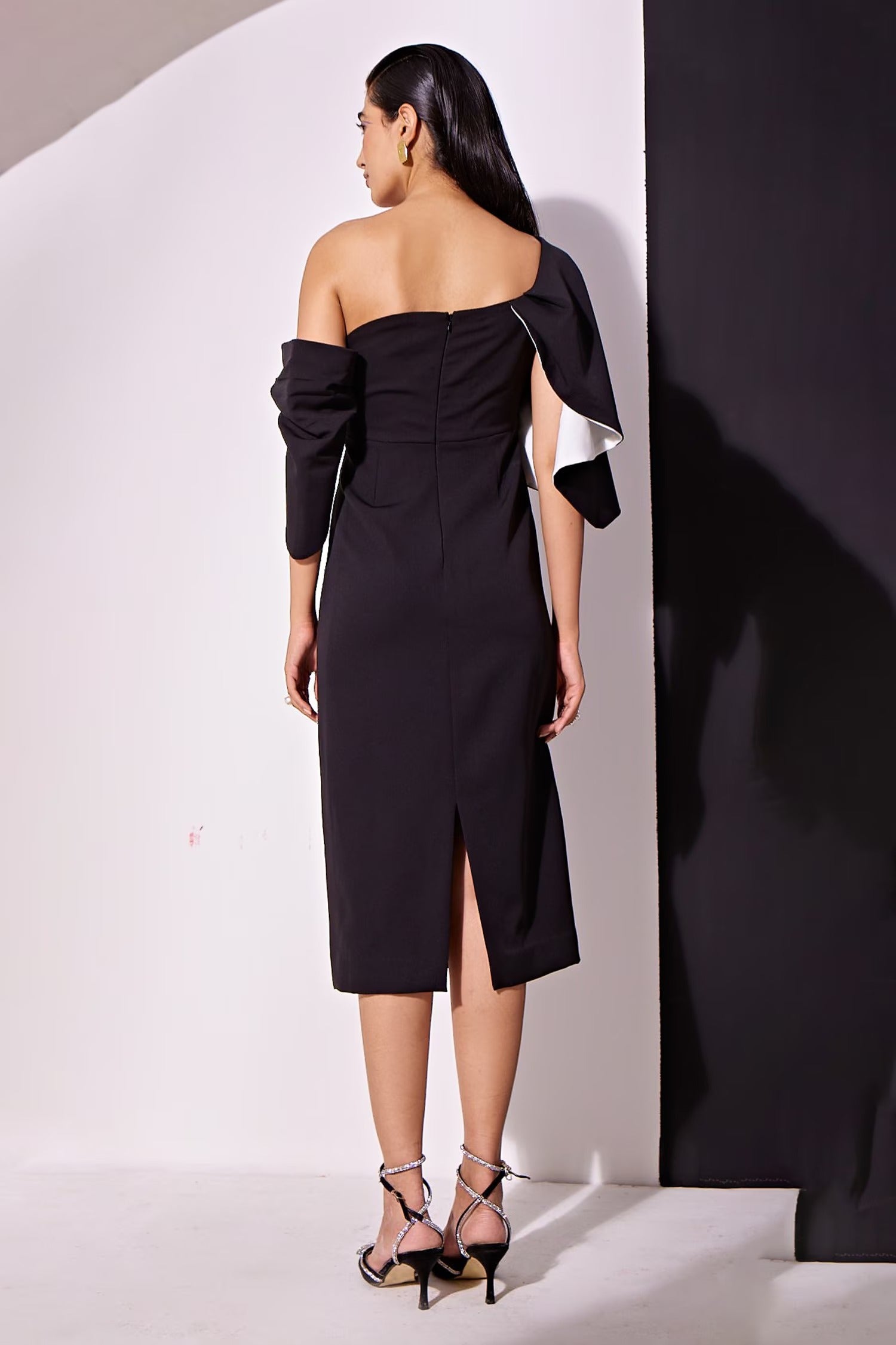 Black Cotton Crepe Off Shoulder Draped Dress for Women