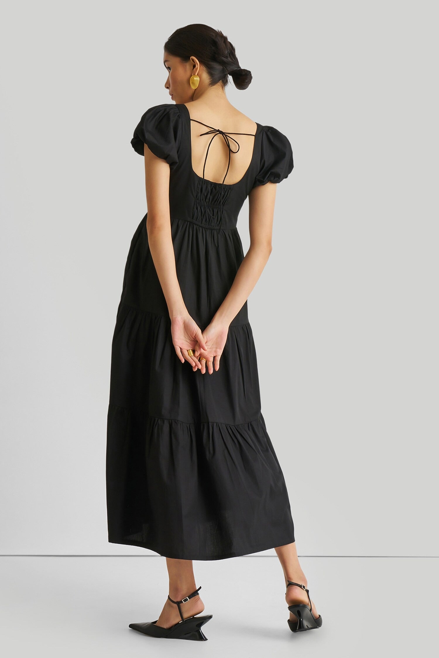 Black Cotton Embroidery Square Neck Puff Sleeve Dress for Women