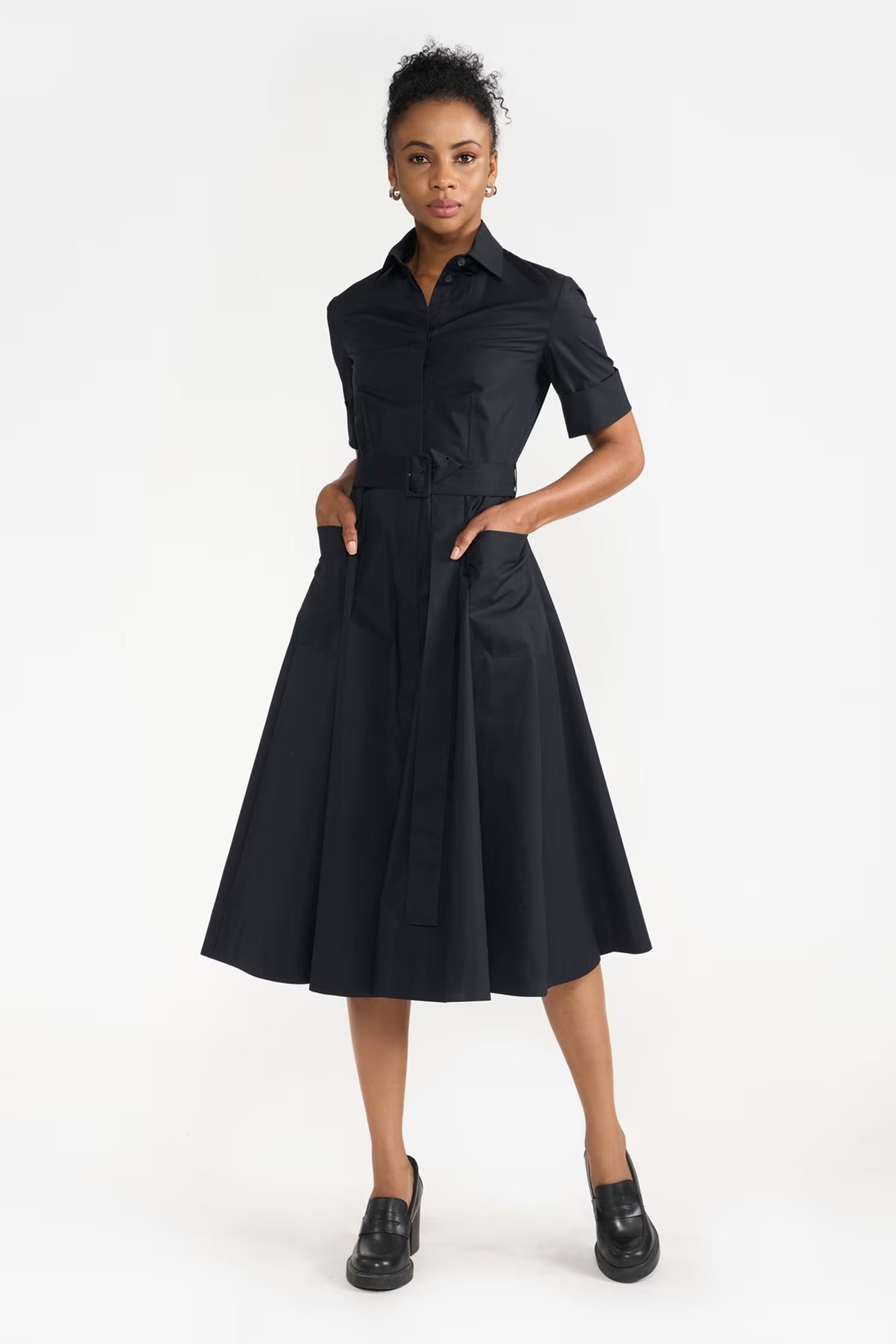 Black Cotton Collared Side Slit Dress for Women