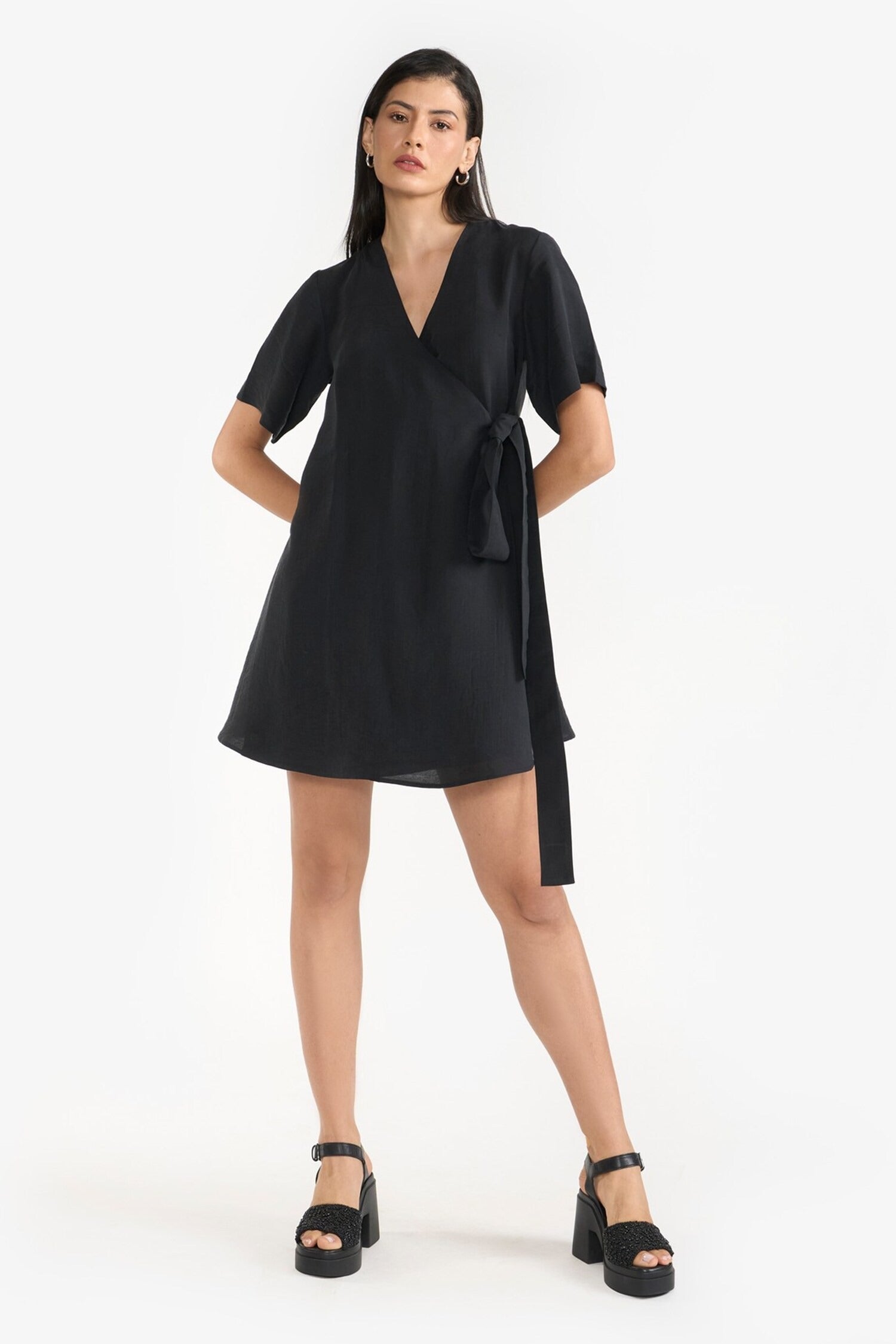 Black Cotton V-Neck Tie Waist Dress for Women