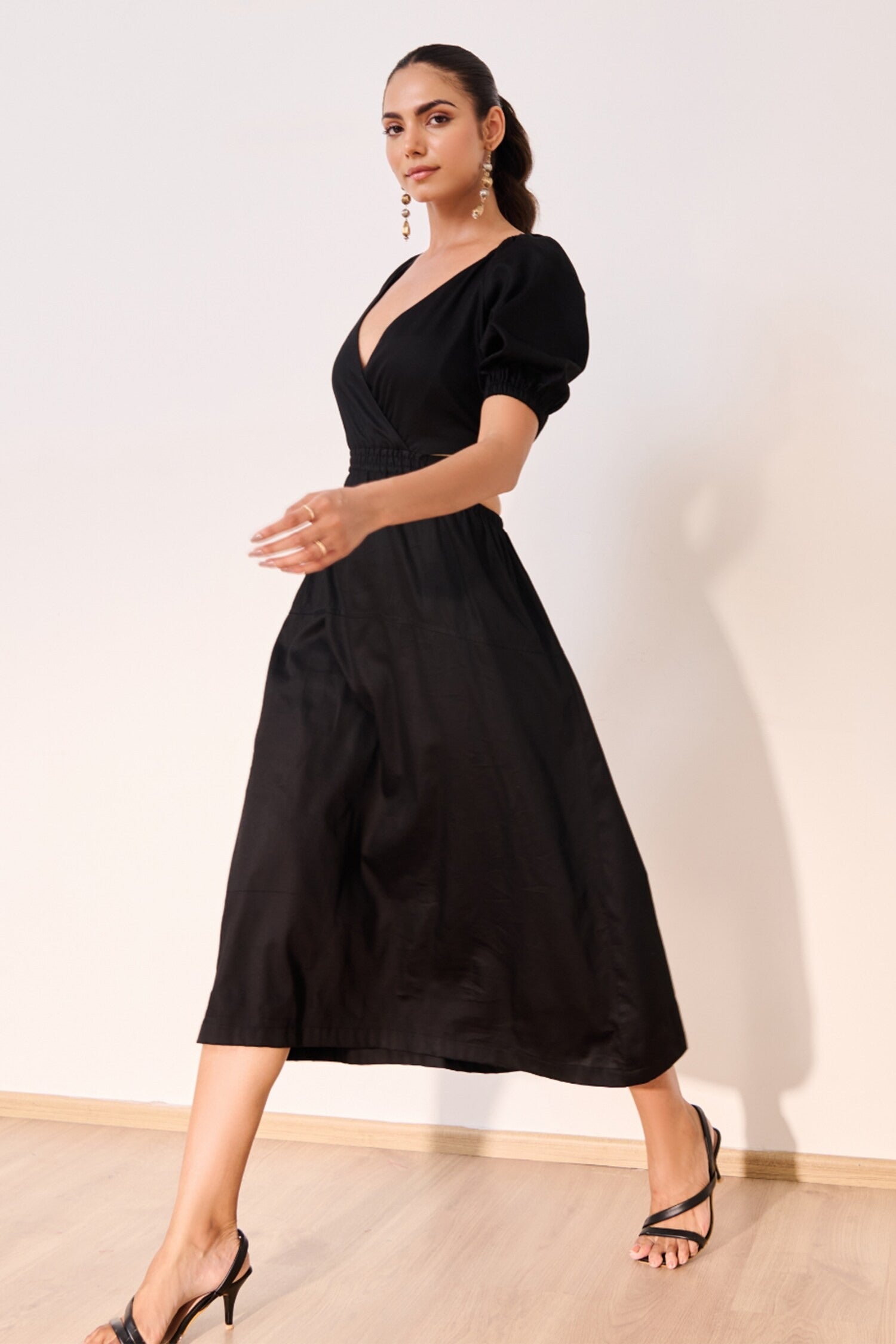 Black Cotton Satin V-Neck Balloon Sleeve Midi Dress for Women