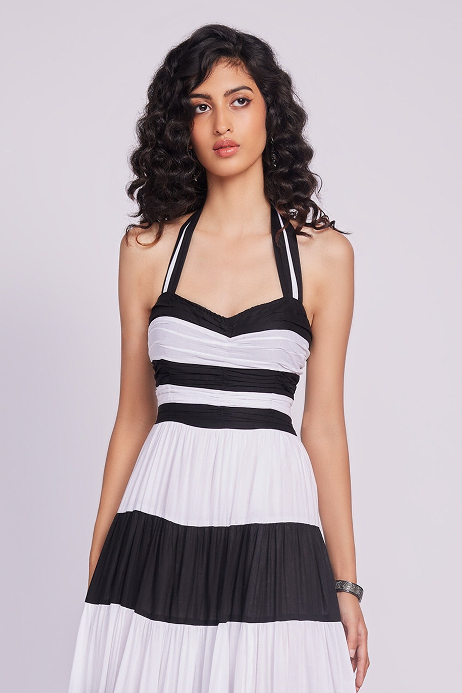 Black Cotton Halter Neck Striped Maxi Dress for Women