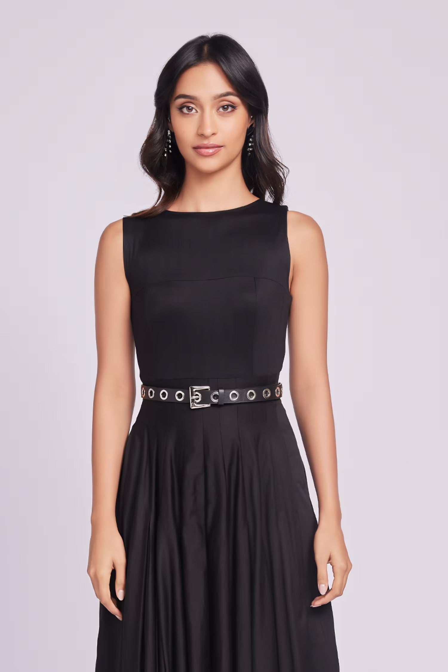 Black Cotton Buckles Round Neck Designer Dress for Women