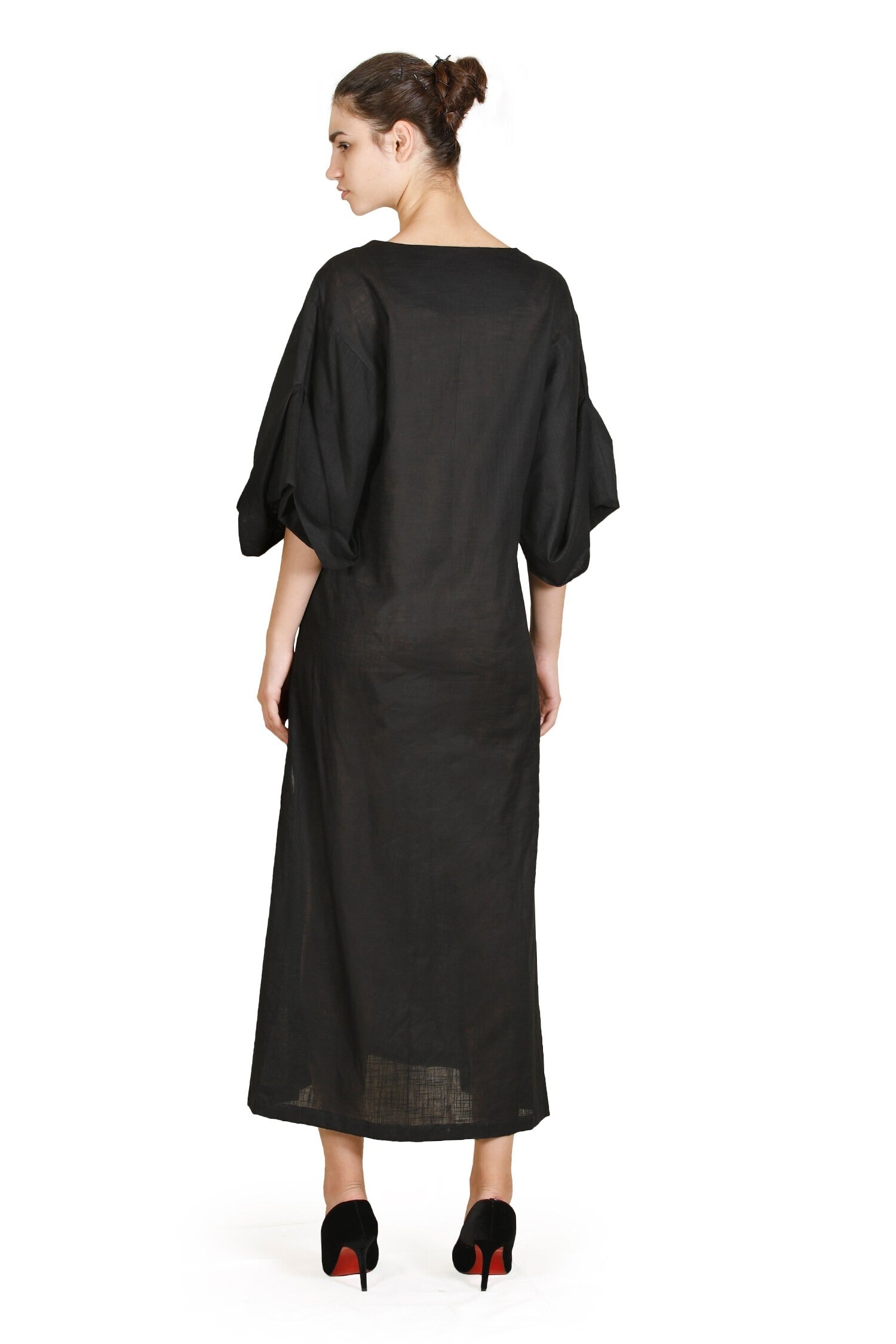 Black Cotton V-Neck Thread Work Dress for Women