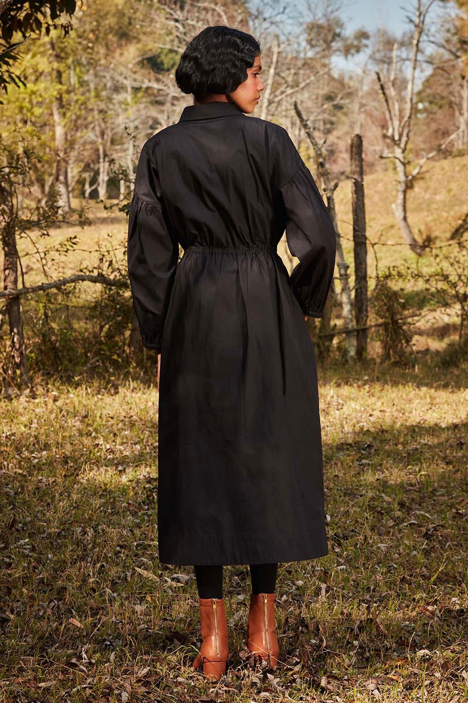 Black Cotton Poplin Collared Balloon Sleeve Shirt Dress for Women