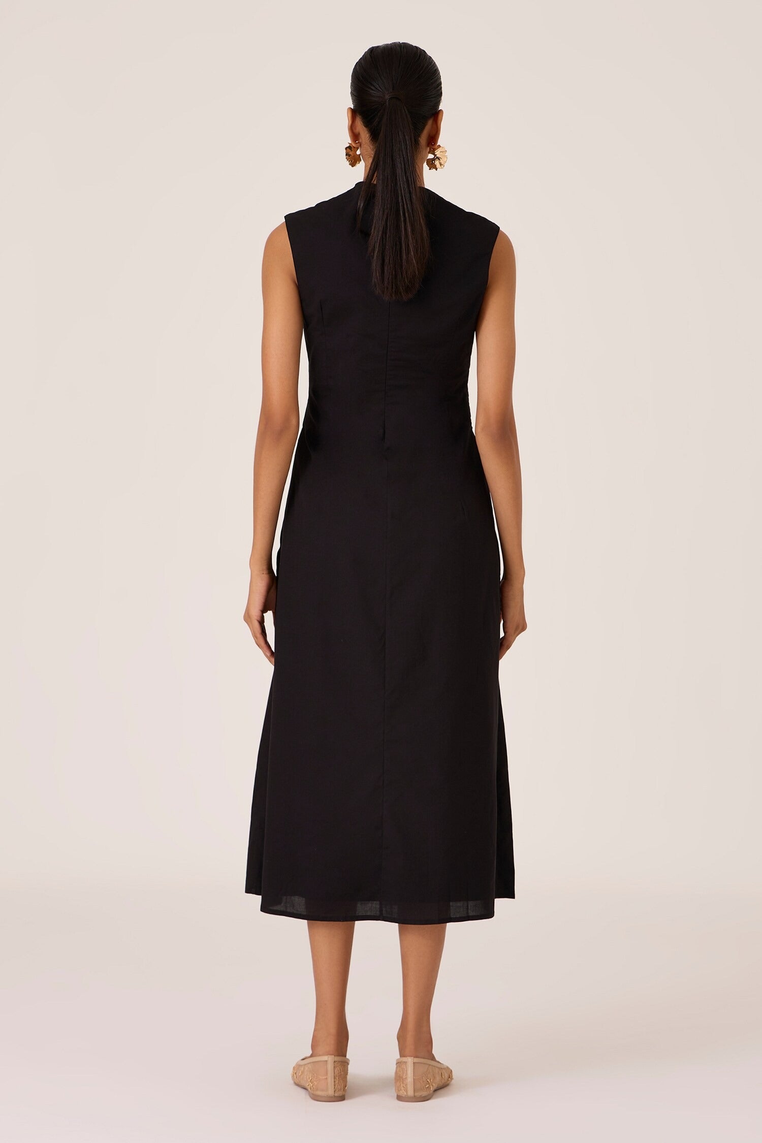 Black Cotton Square Neck Pleated Midi Dress for Women