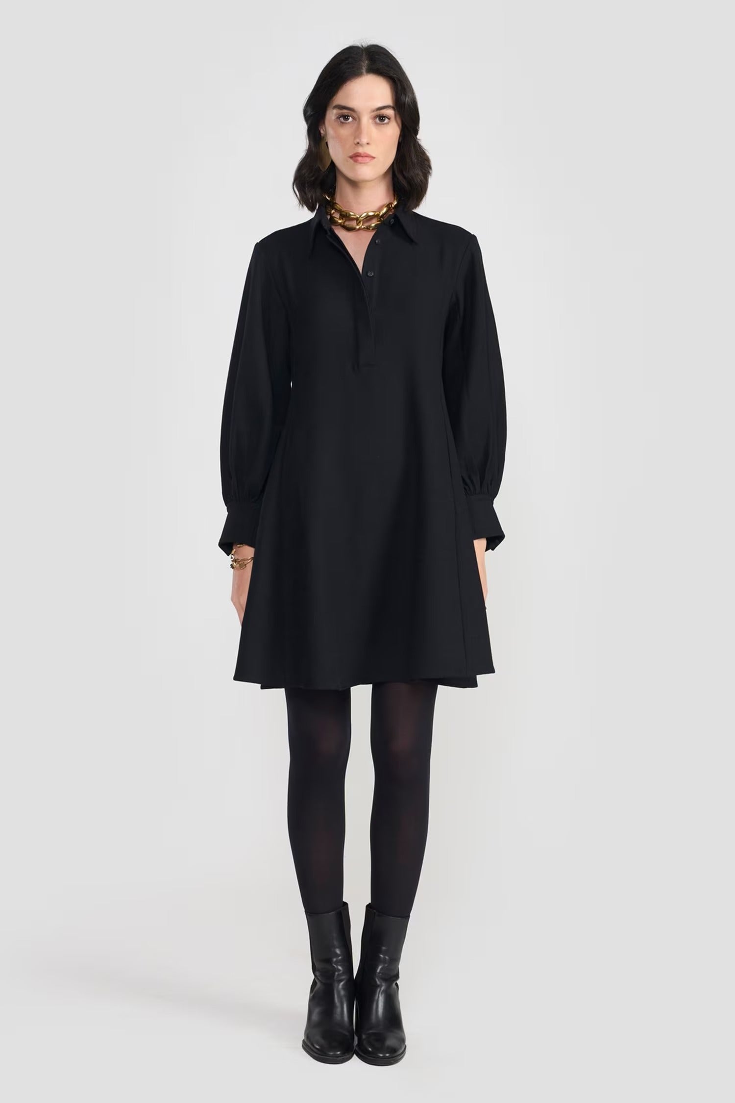 Black Viscose Cotton Twill Collared Short Dress for Women