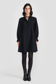 Black Viscose Cotton Twill Collared Short Dress for Women