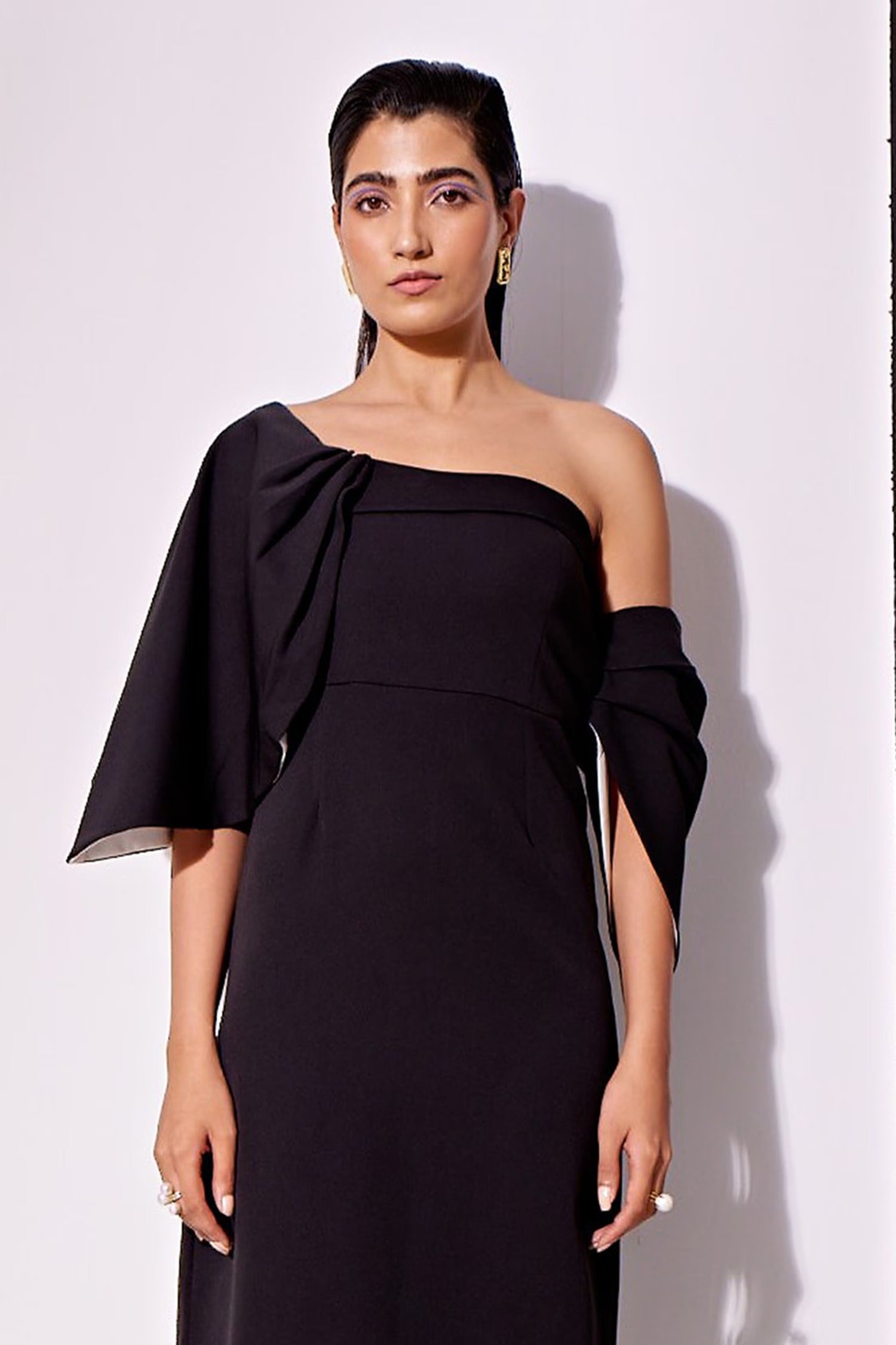 Black Cotton Crepe Off Shoulder Draped Dress for Women