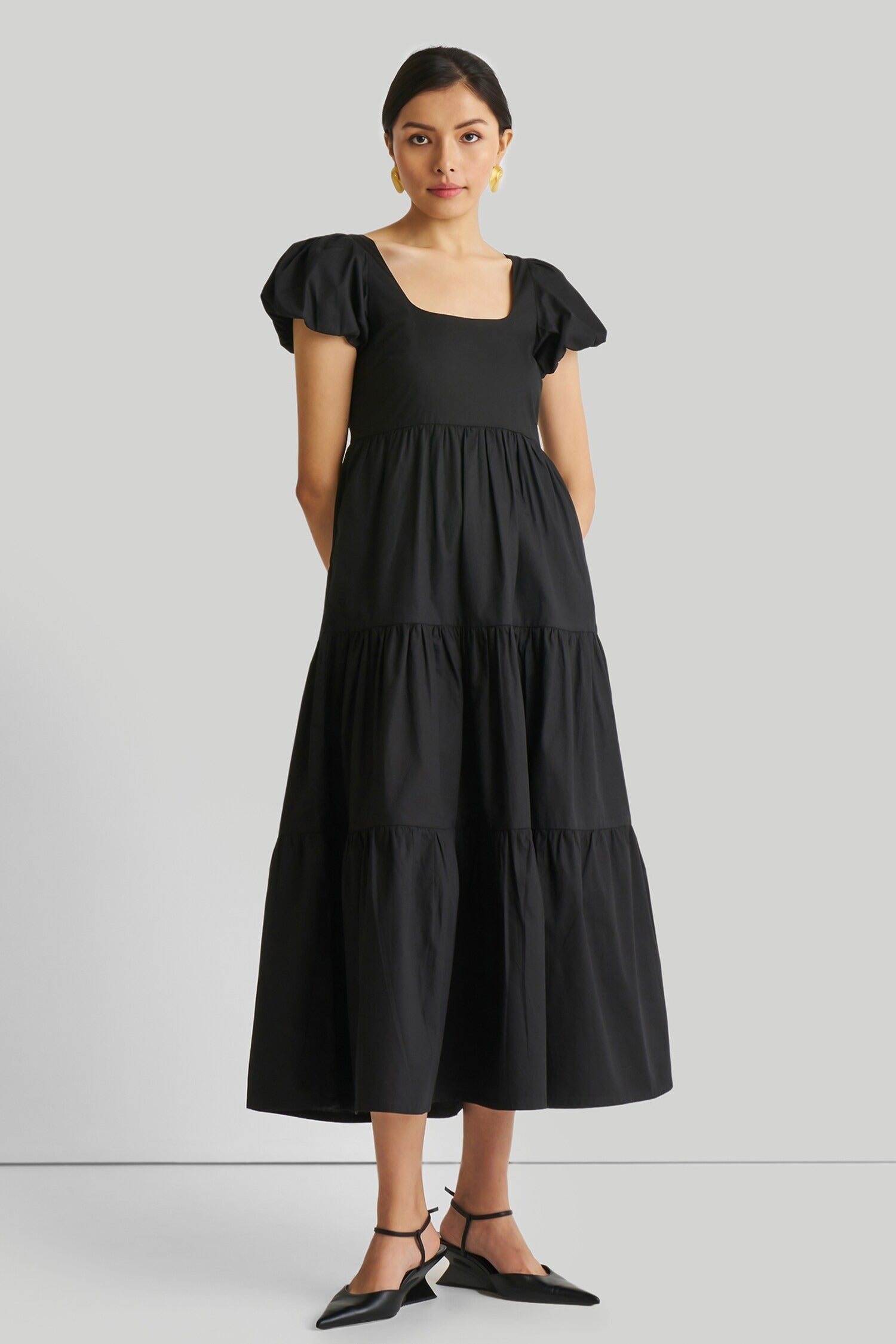 Black Cotton Embroidery Square Neck Puff Sleeve Dress for Women