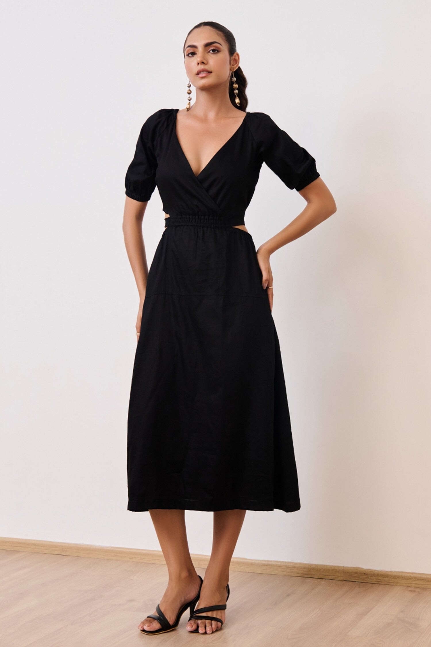 Black Cotton Satin V-Neck Balloon Sleeve Midi Dress for Women