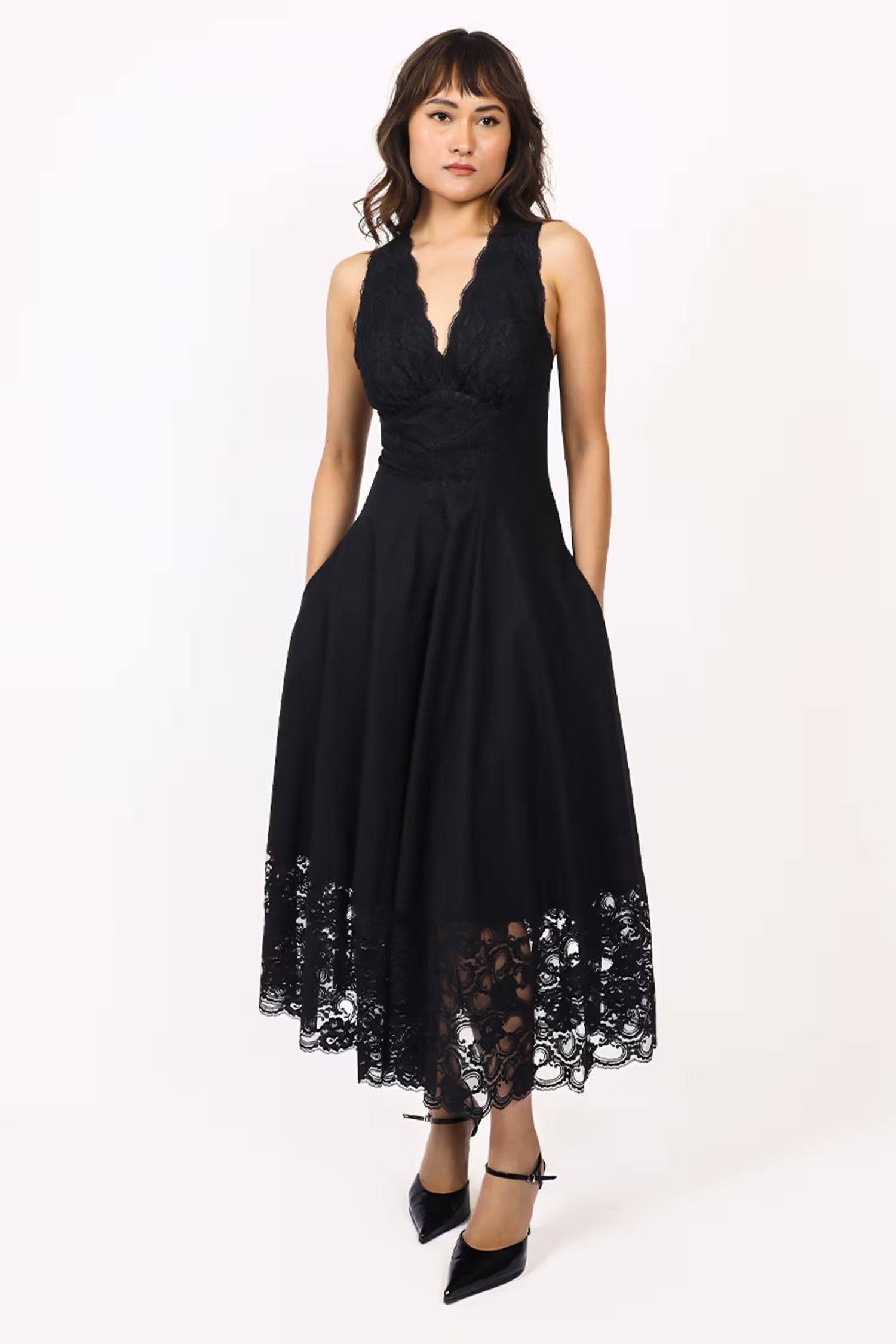 Black Viscose Cotton Lace Plunge Neck Midi Dress for Women