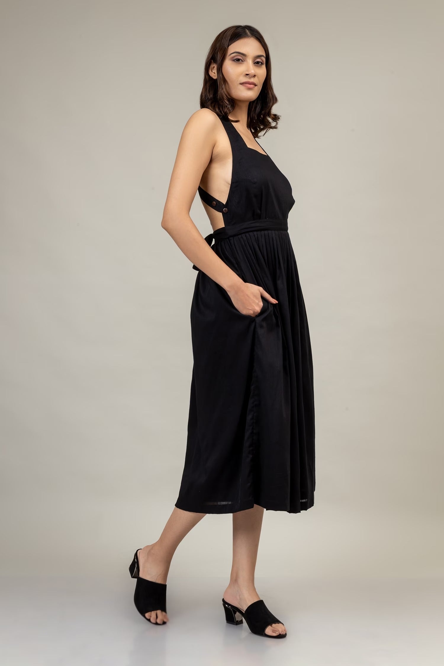 Black Cotton Square Neck Gathered Dress for Women