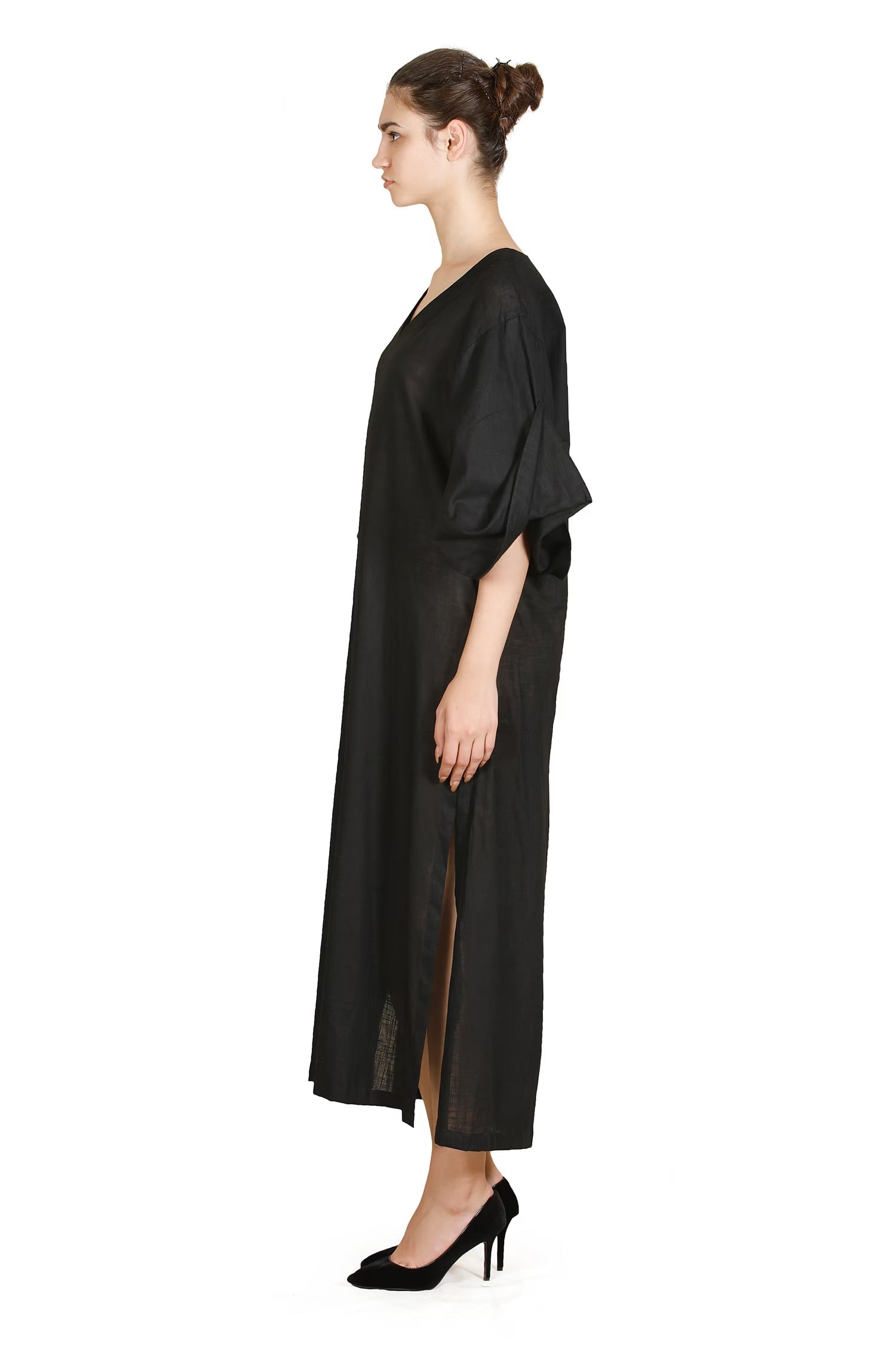 Black Cotton V-Neck Thread Work Dress for Women
