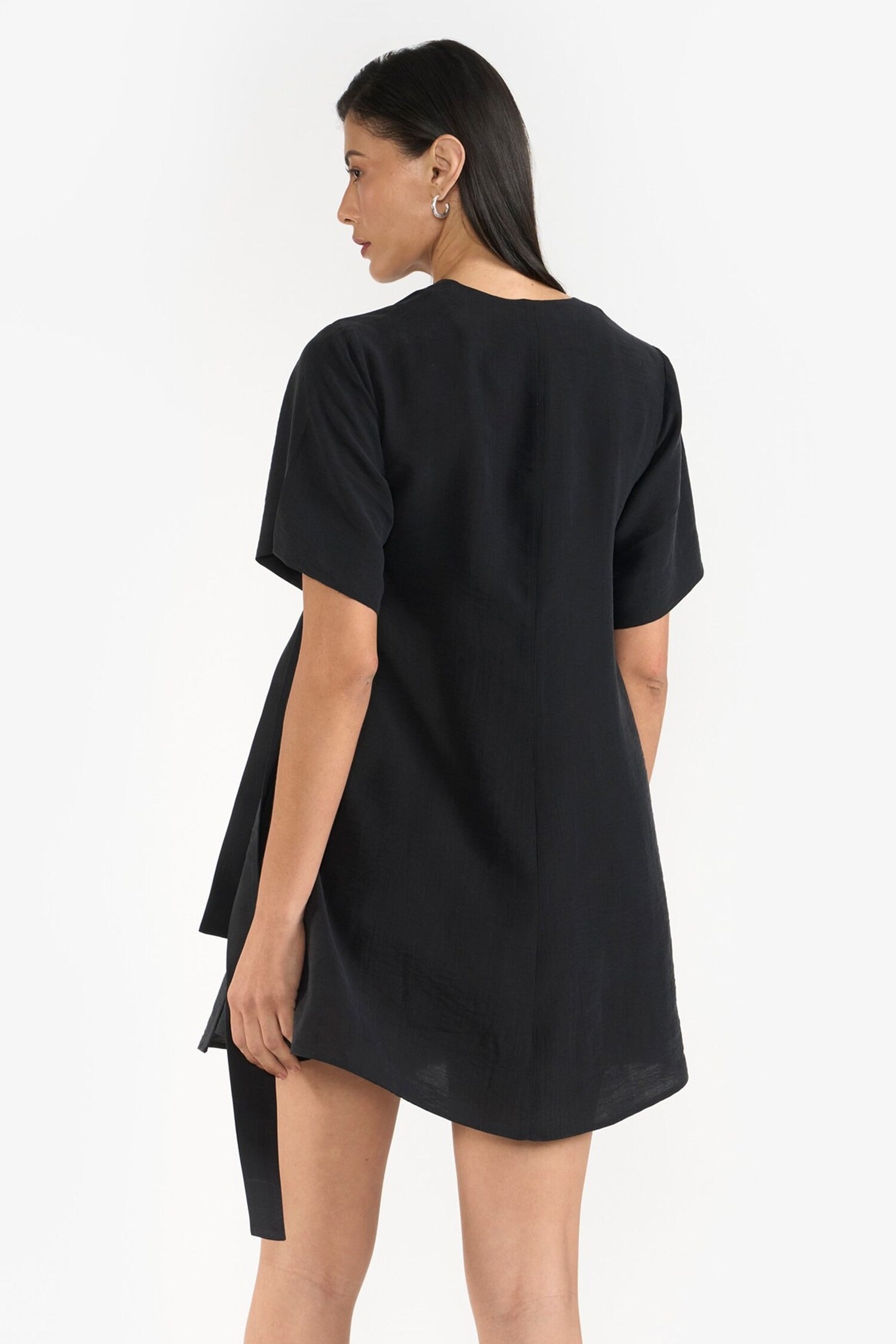 Black Cotton V-Neck Tie Waist Dress for Women