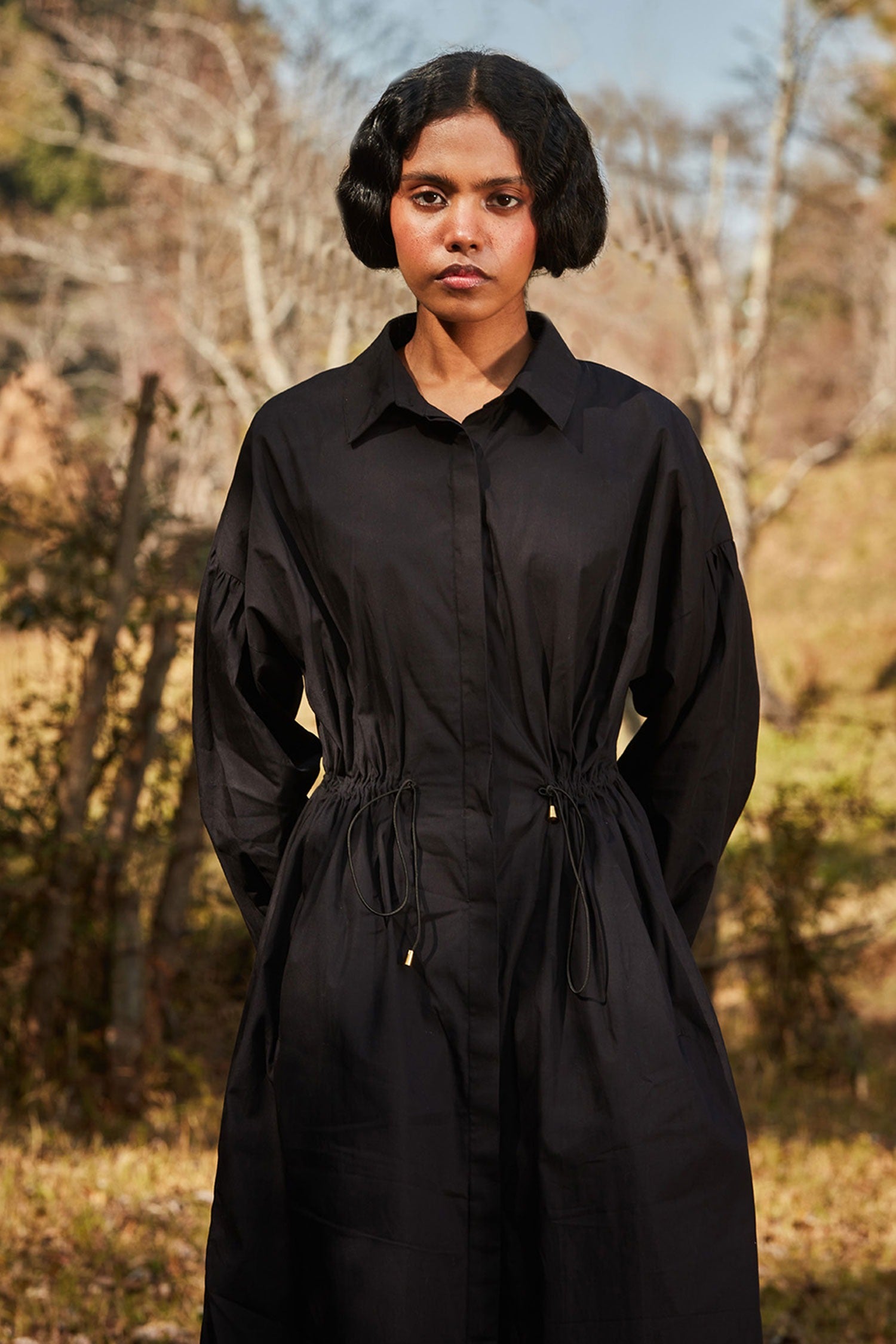 Black Cotton Poplin Collared Balloon Sleeve Shirt Dress for Women