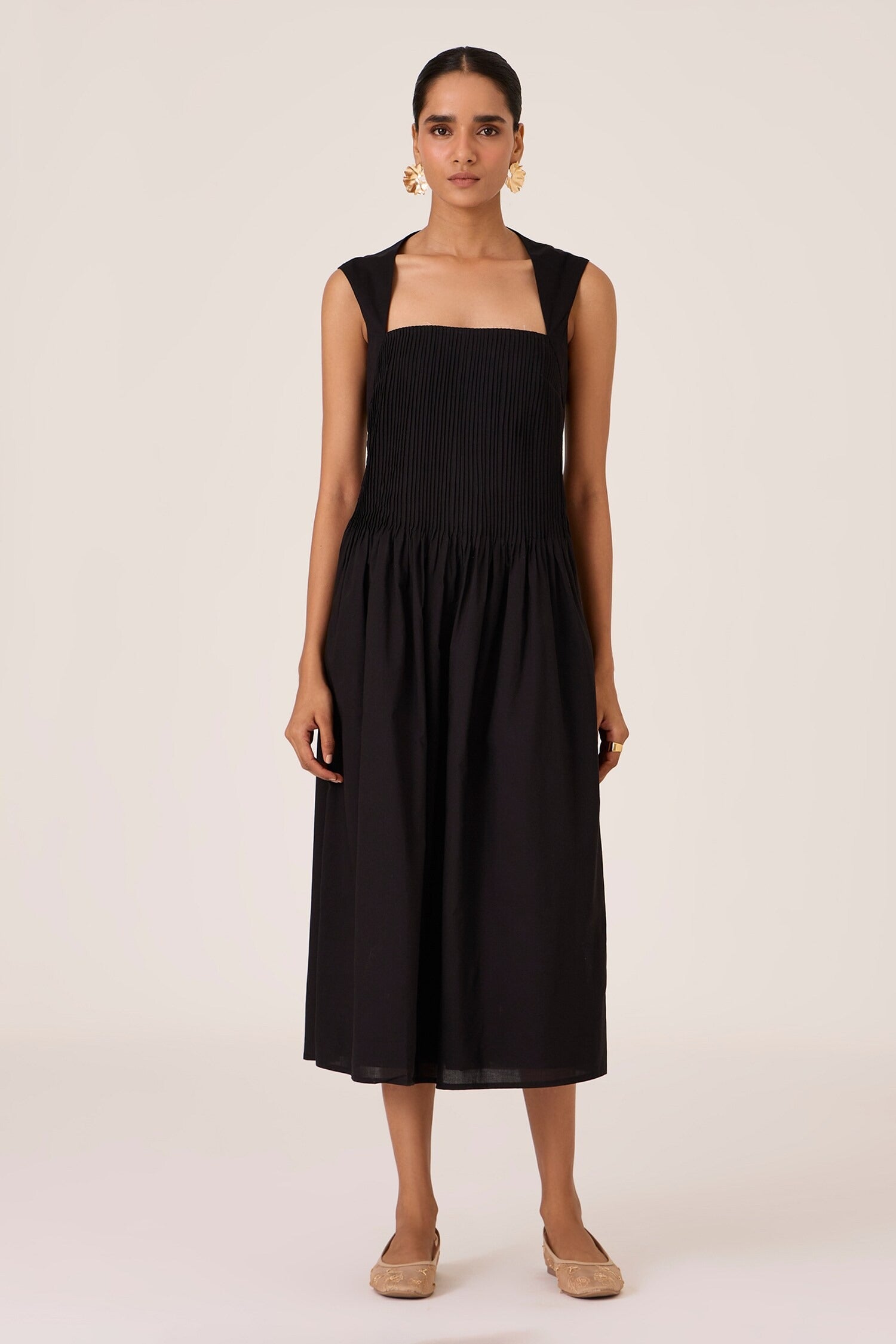 Black Cotton Square Neck Pleated Midi Dress for Women