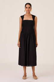Black Cotton Square Neck Pleated Midi Dress for Women