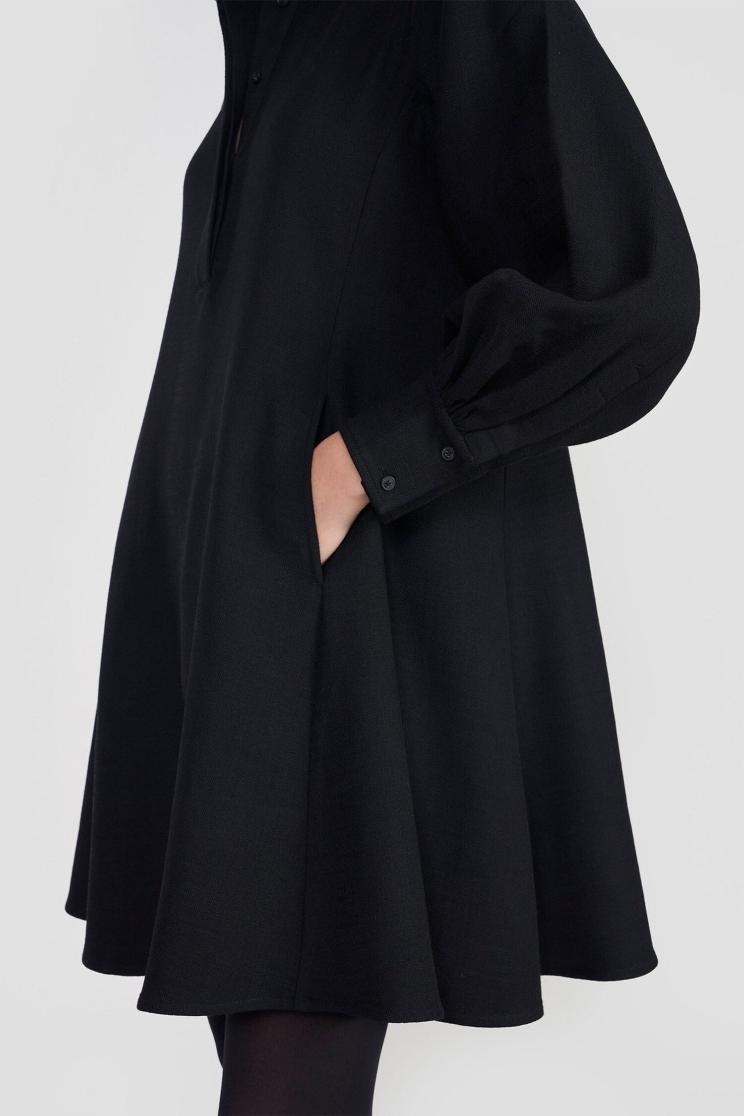 Black Viscose Cotton Twill Collared Short Dress for Women