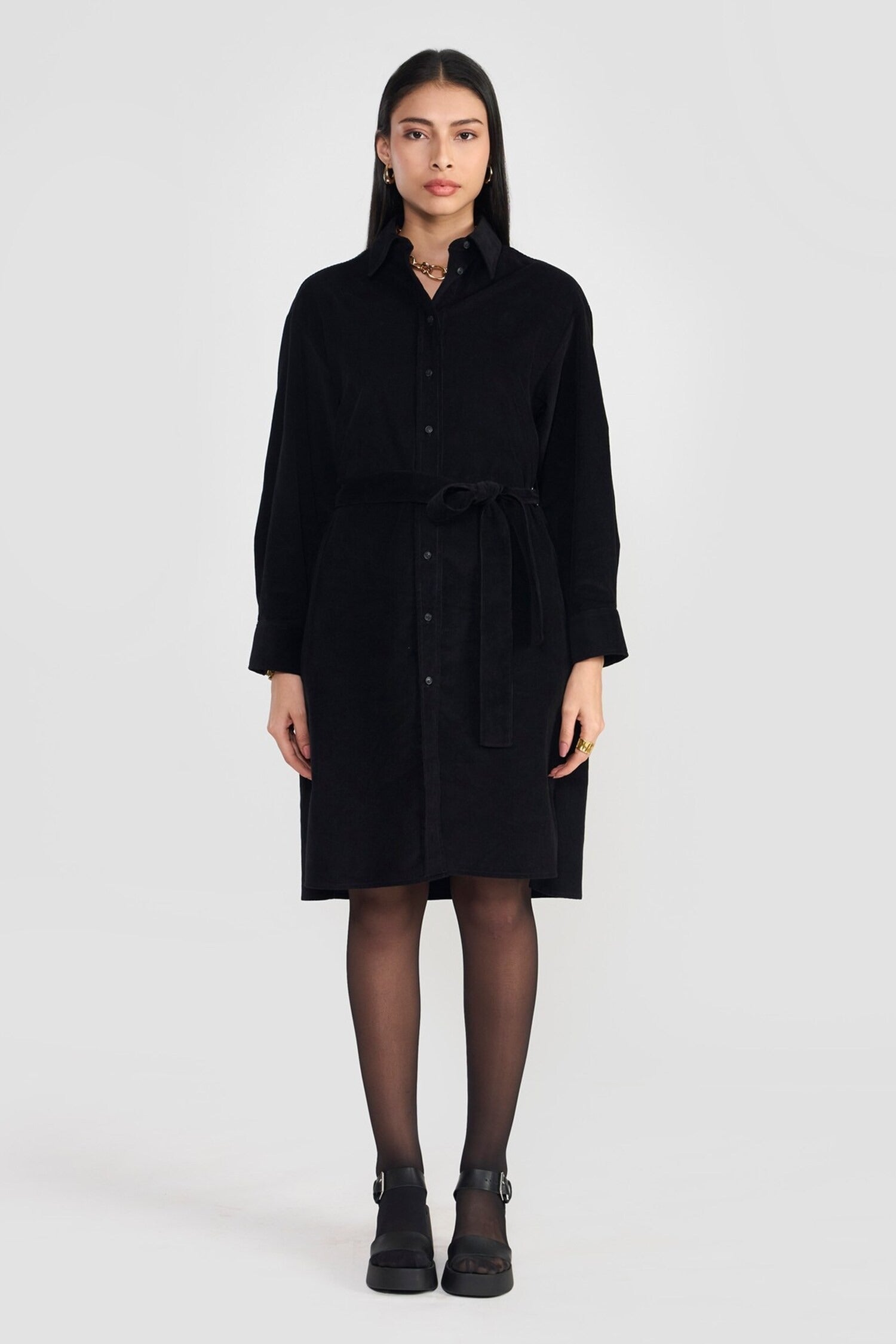 Black Cotton Collared Midi Dress for Women