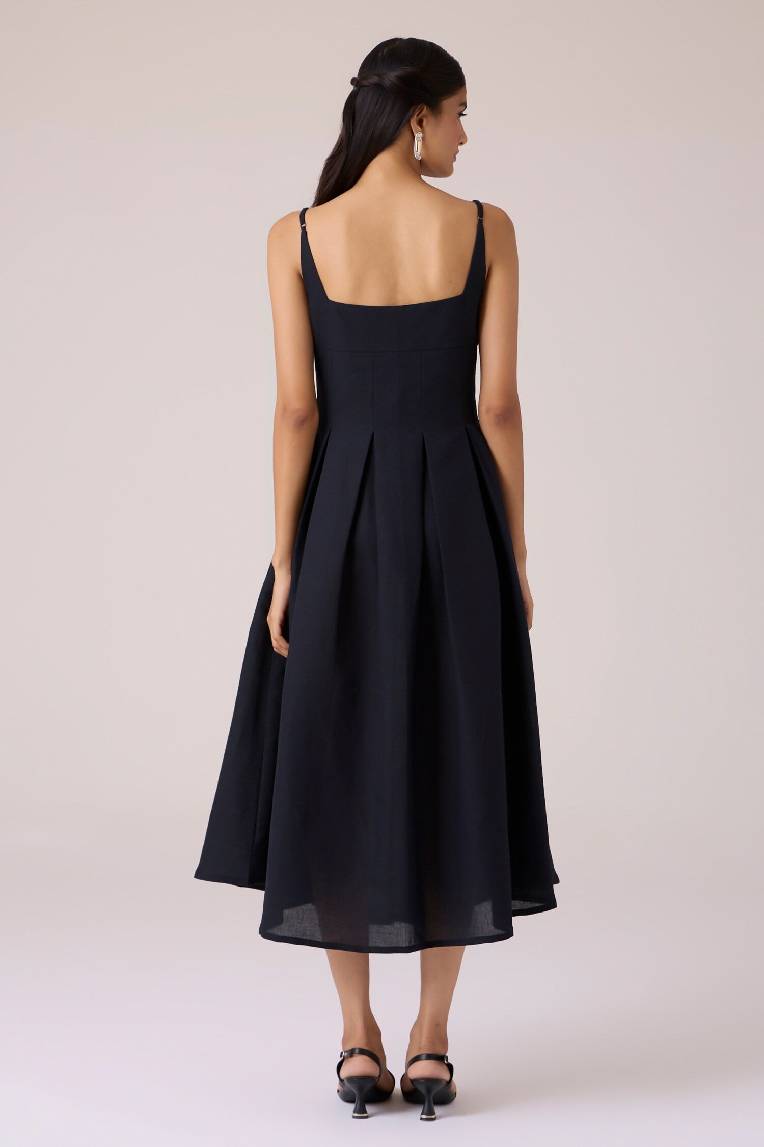 Black Linen Cotton Square Neck Midi Dress for Women