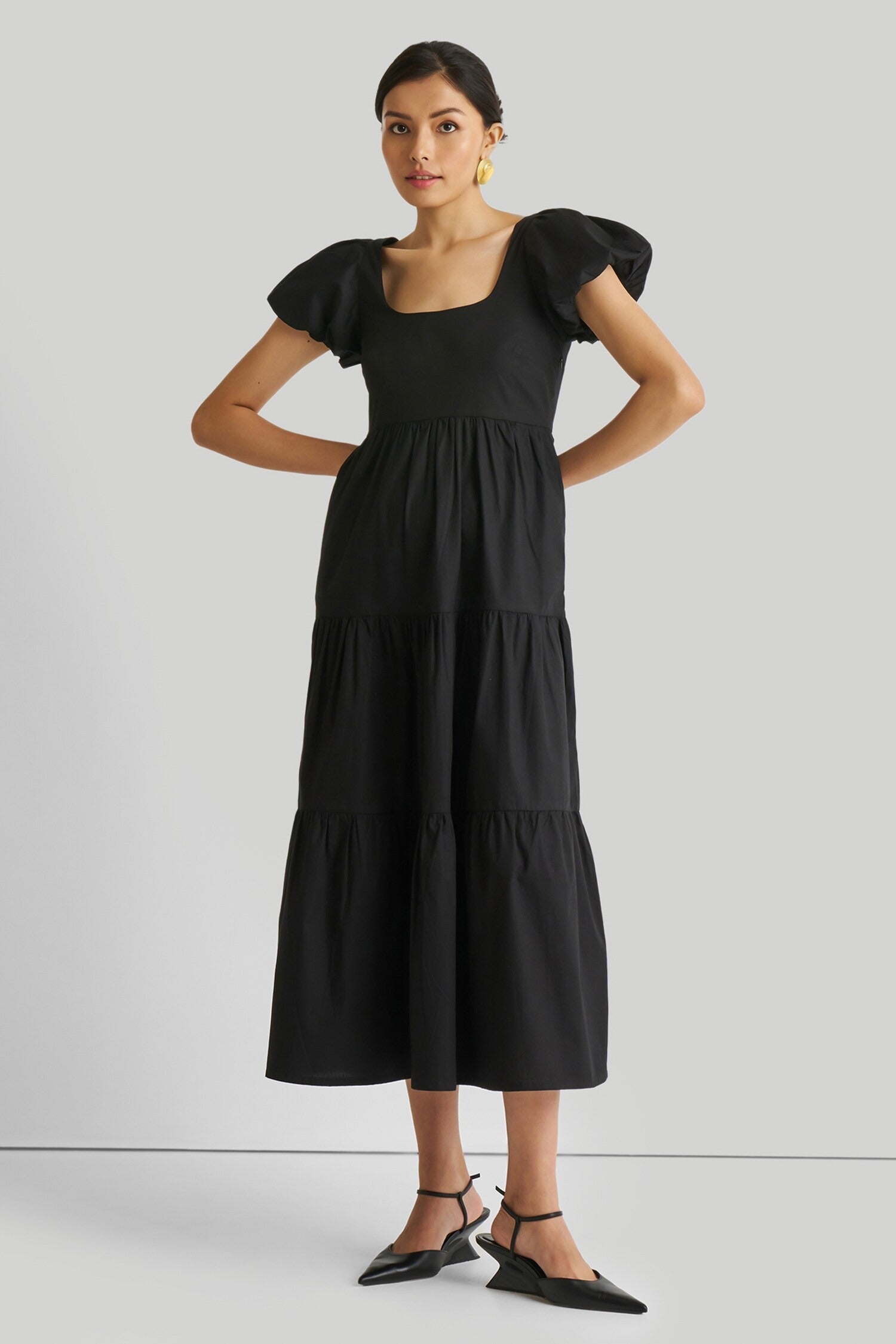 Black Cotton Embroidery Square Neck Puff Sleeve Dress for Women