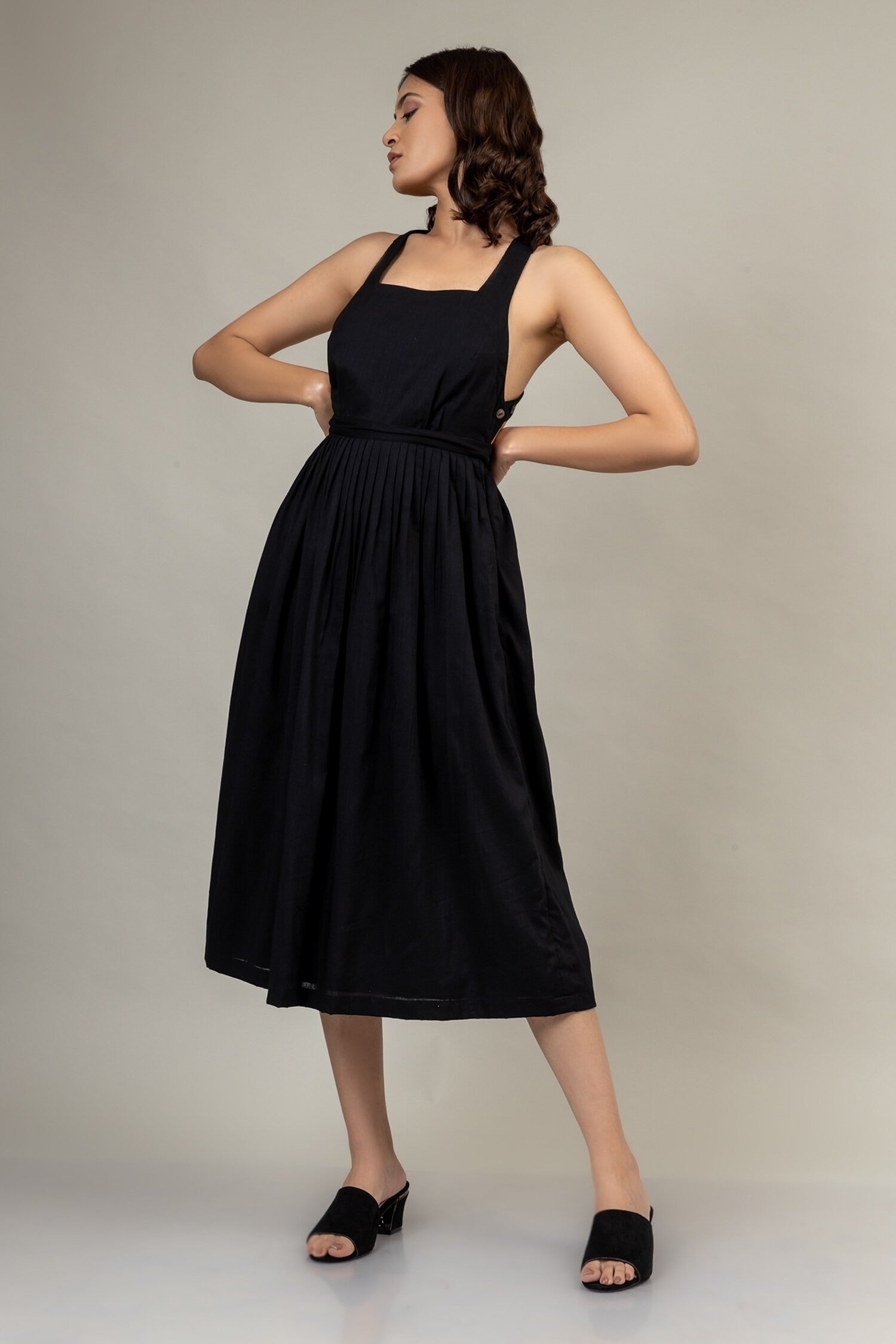 Black Cotton Square Neck Gathered Dress for Women