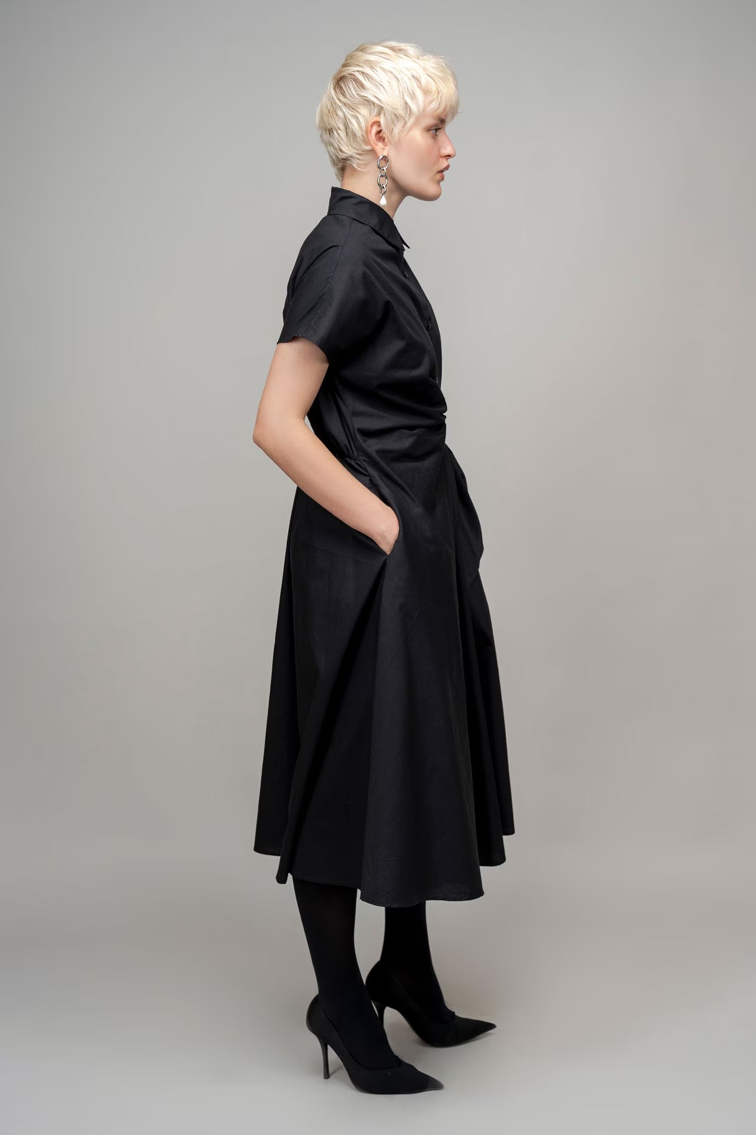 Black Cotton Collared Wrap Dress for Women