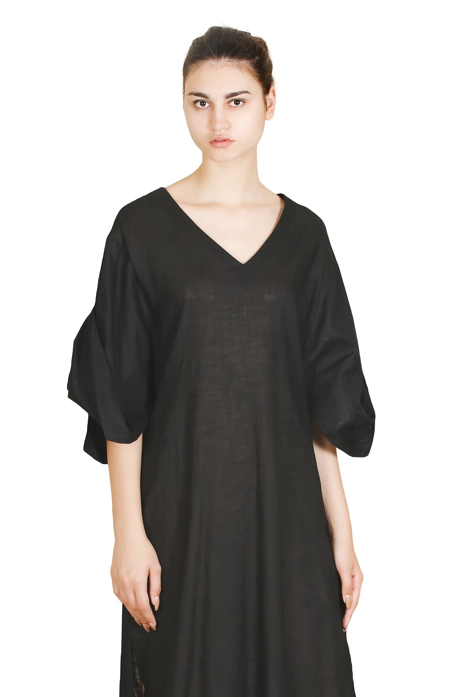 Black Cotton V-Neck Thread Work Dress for Women