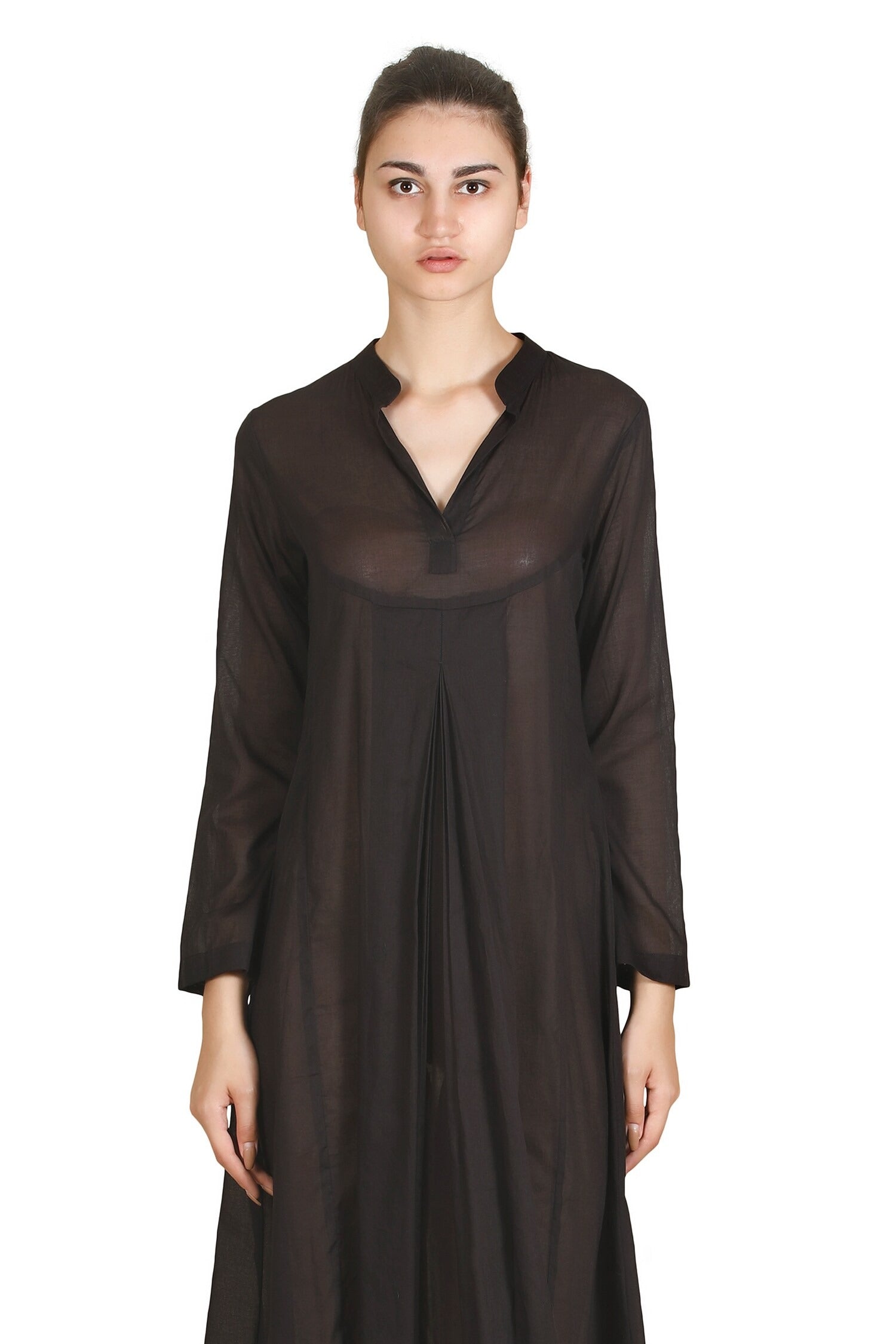 Black Cotton Viscose Split V-Neck Dress for Women Black / S