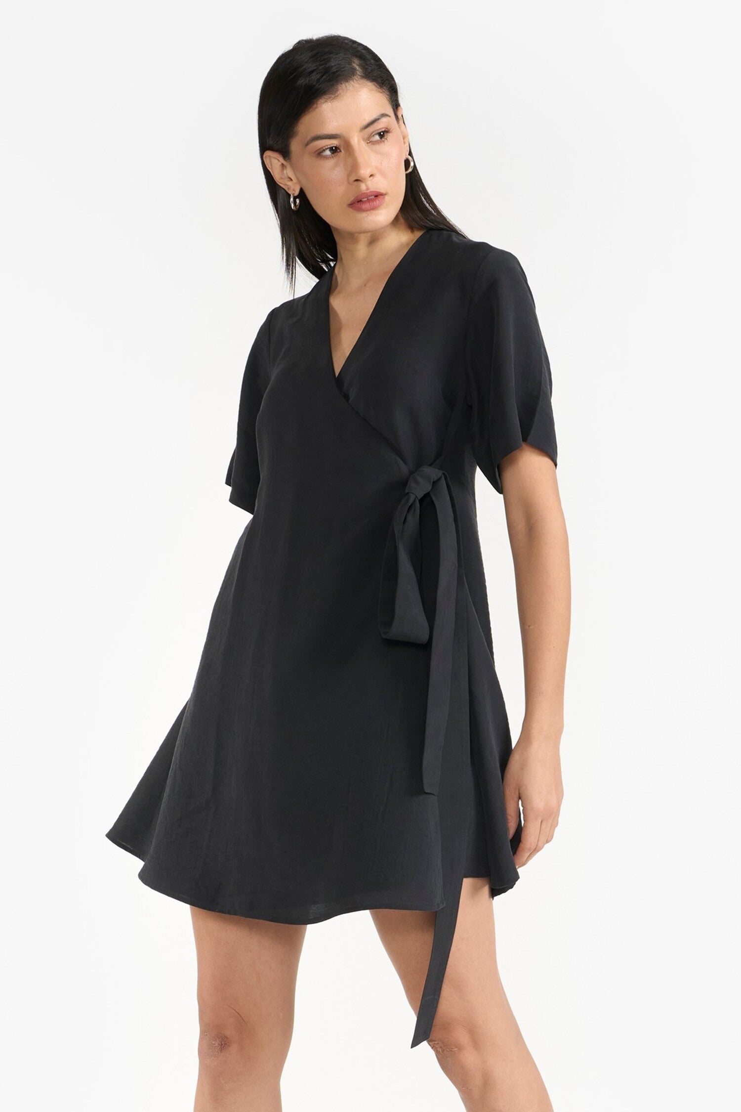 Black Cotton V-Neck Tie Waist Dress for Women