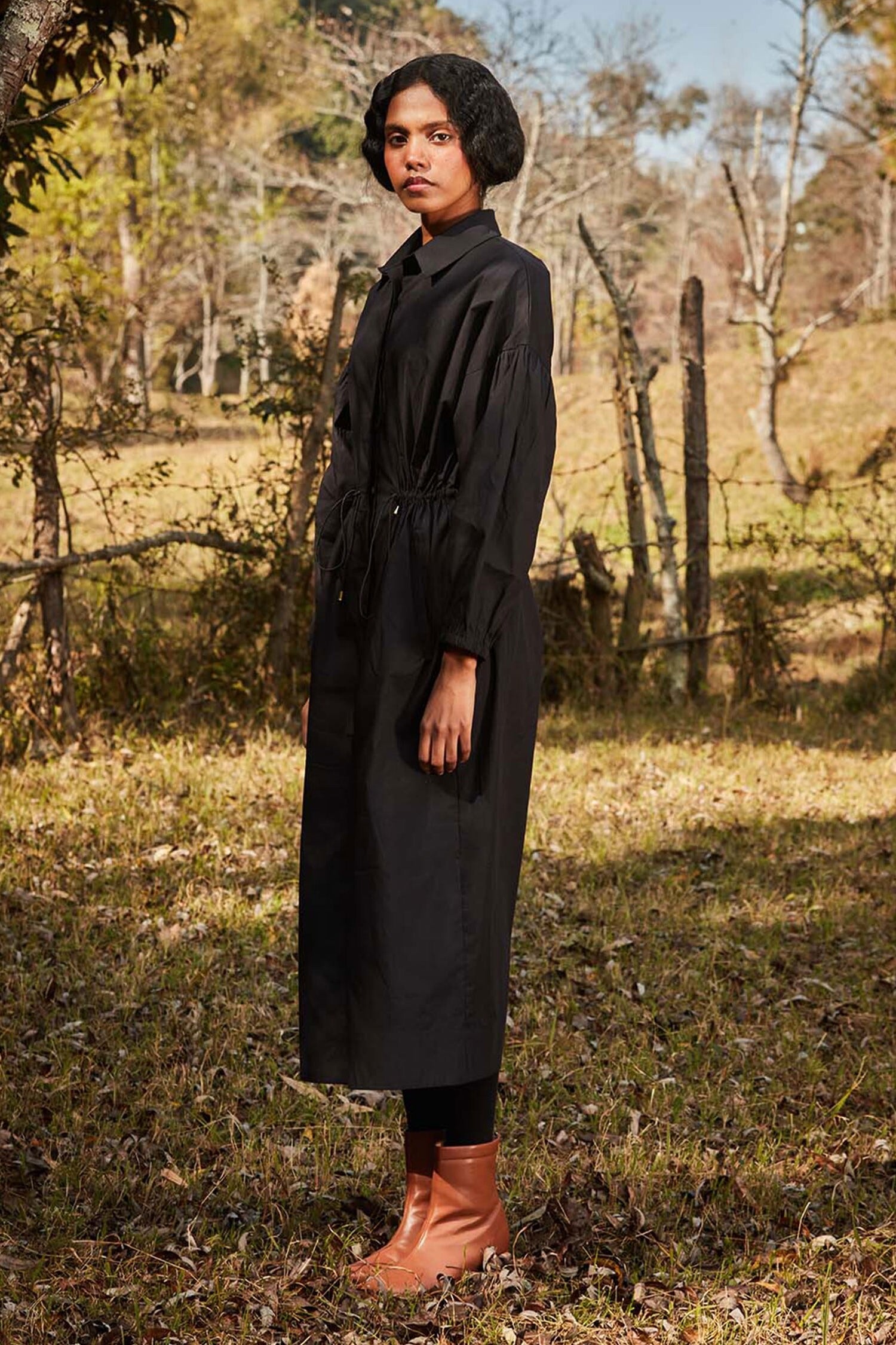 Black Cotton Poplin Collared Balloon Sleeve Shirt Dress for Women