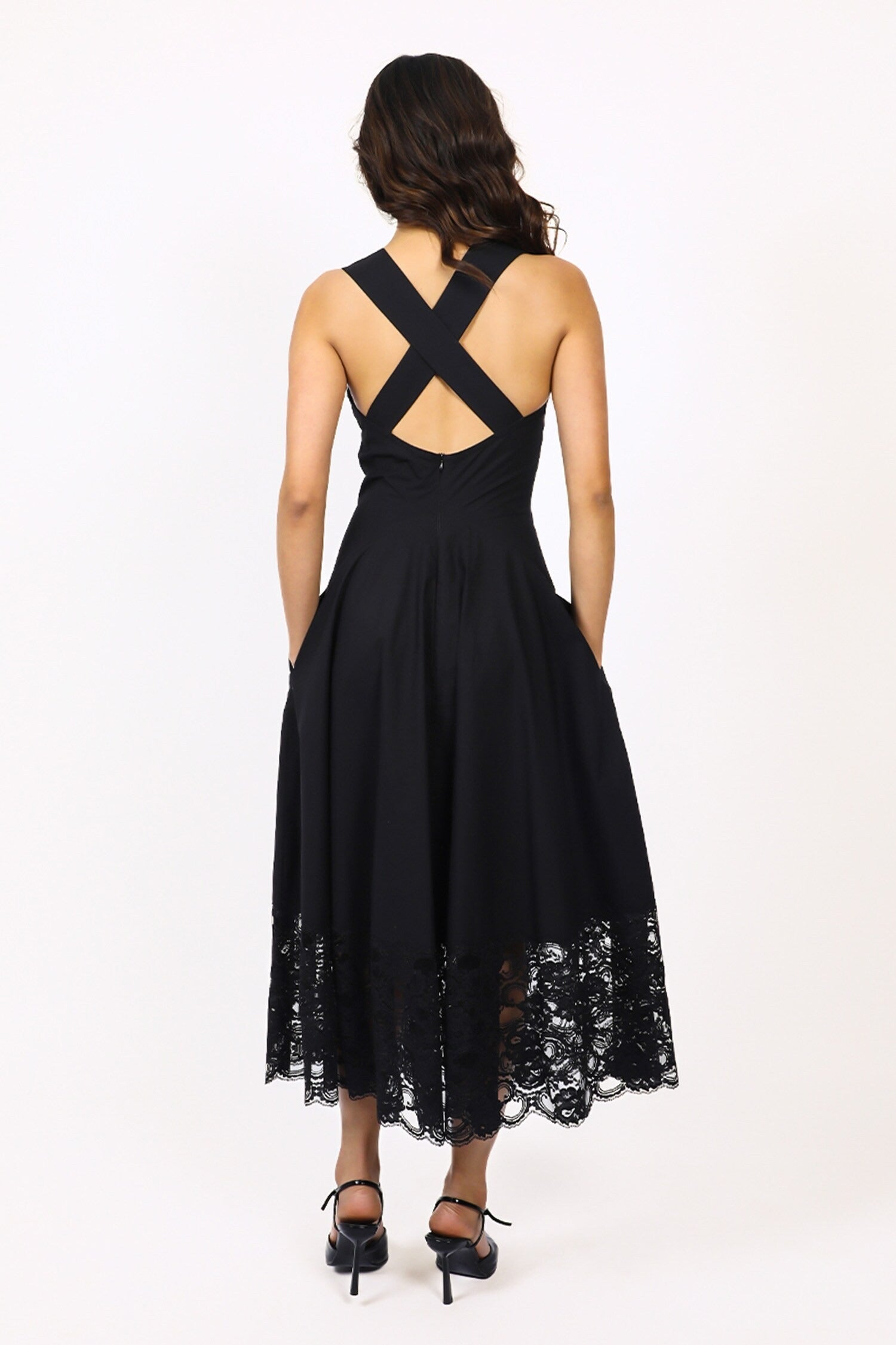 Black Viscose Cotton Lace Plunge Neck Midi Dress for Women