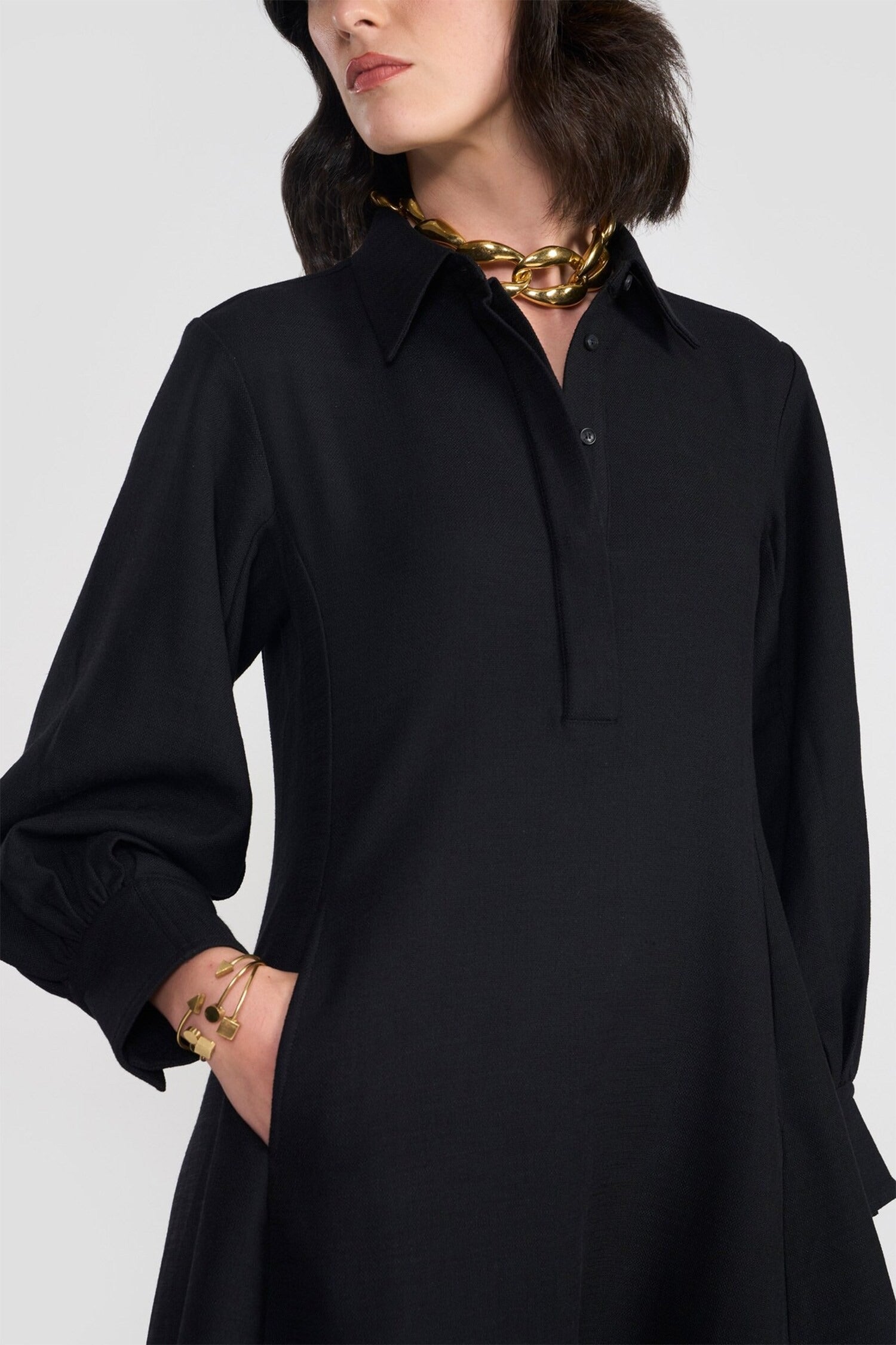 Black Viscose Cotton Twill Collared Short Dress for Women