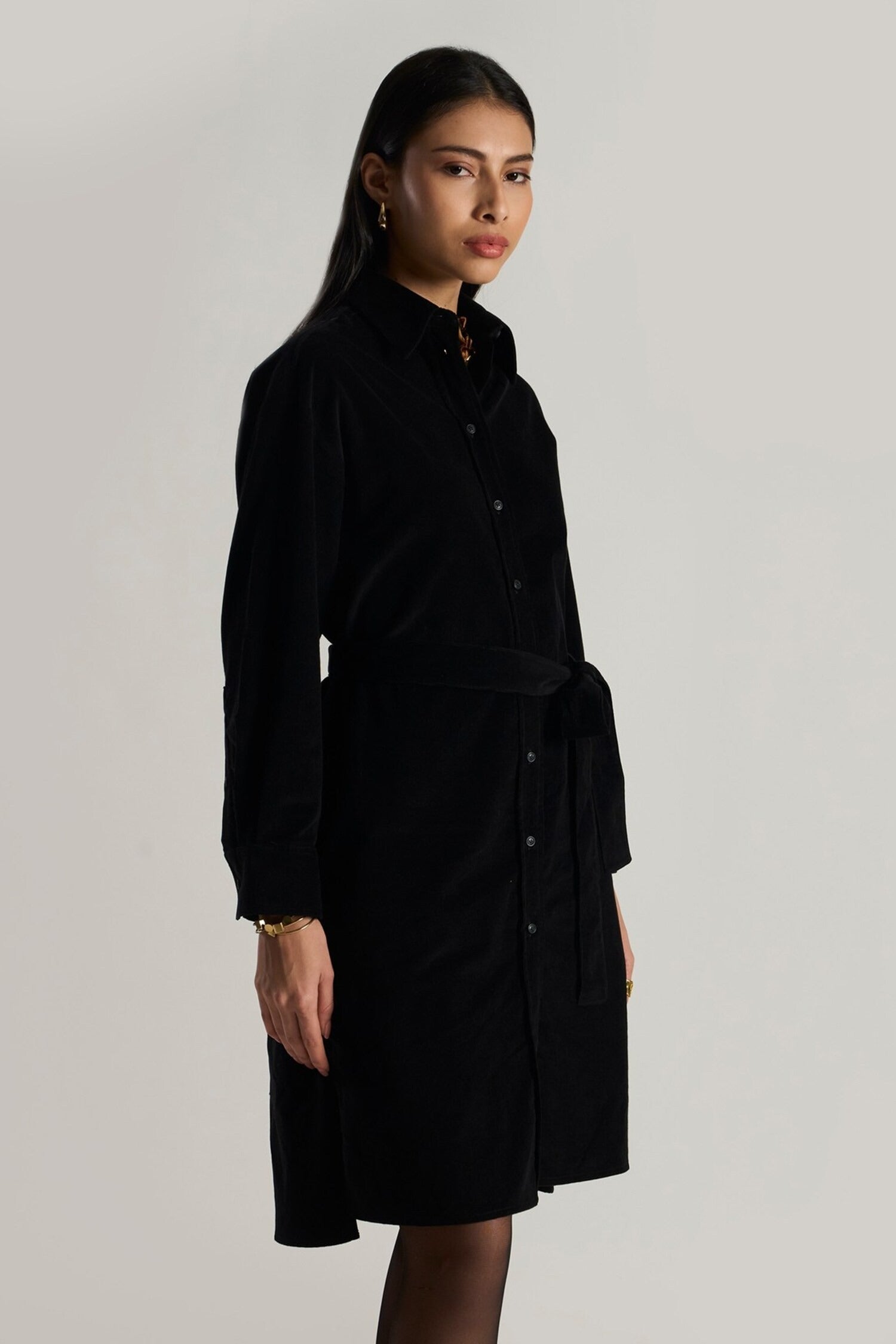 Black Cotton Collared Midi Dress for Women