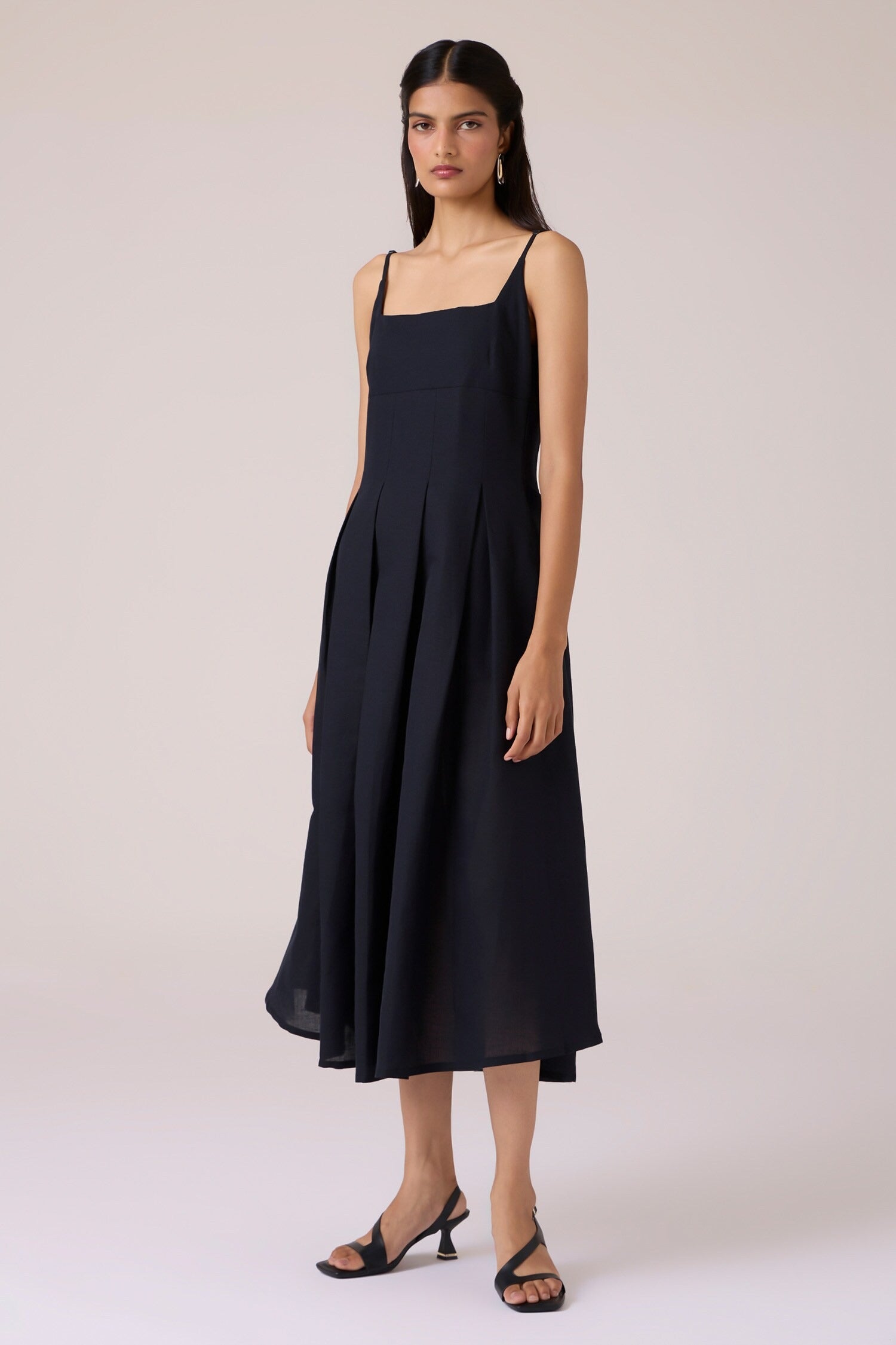 Black Linen Cotton Square Neck Midi Dress for Women
