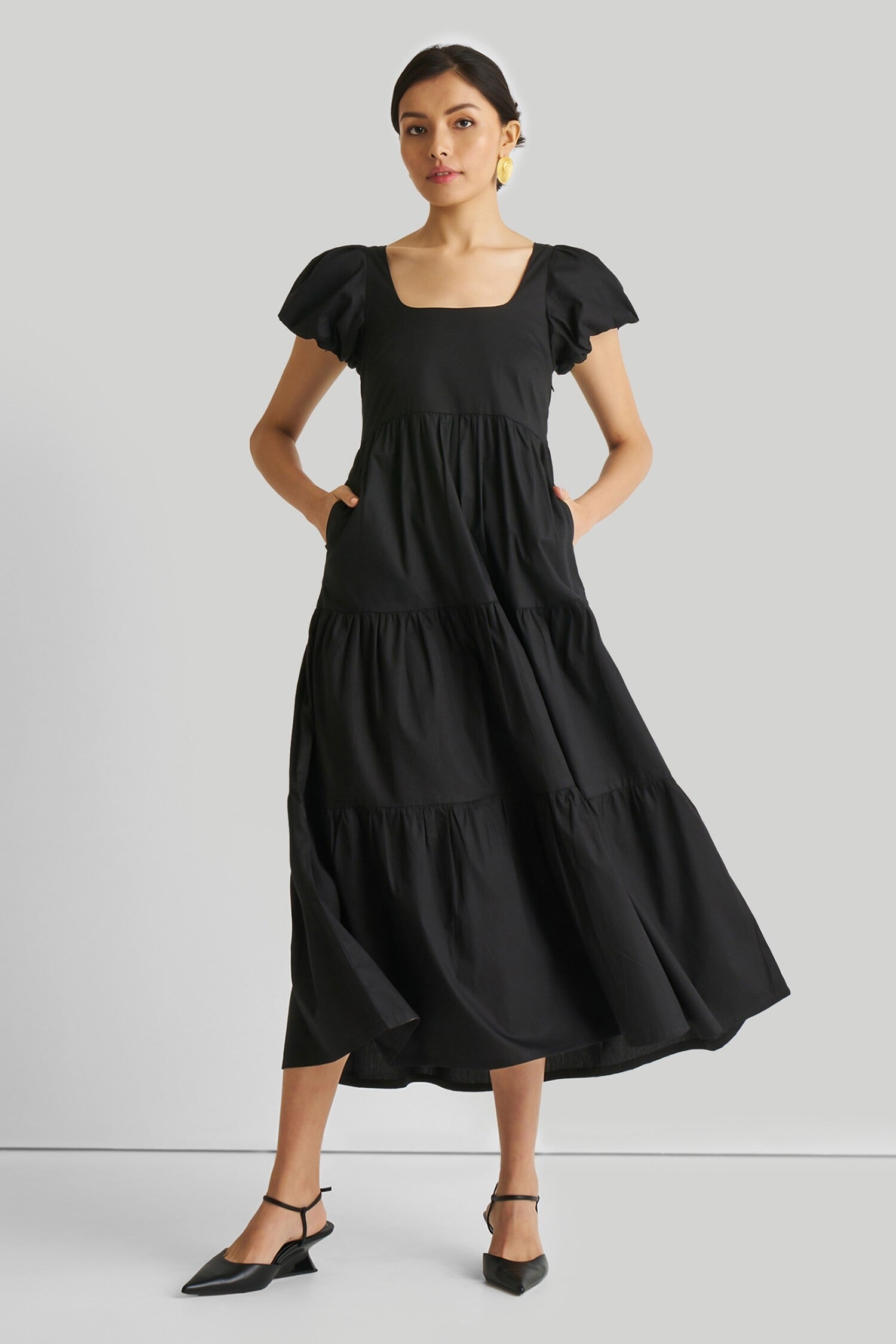 Black Cotton Embroidery Square Neck Puff Sleeve Dress for Women