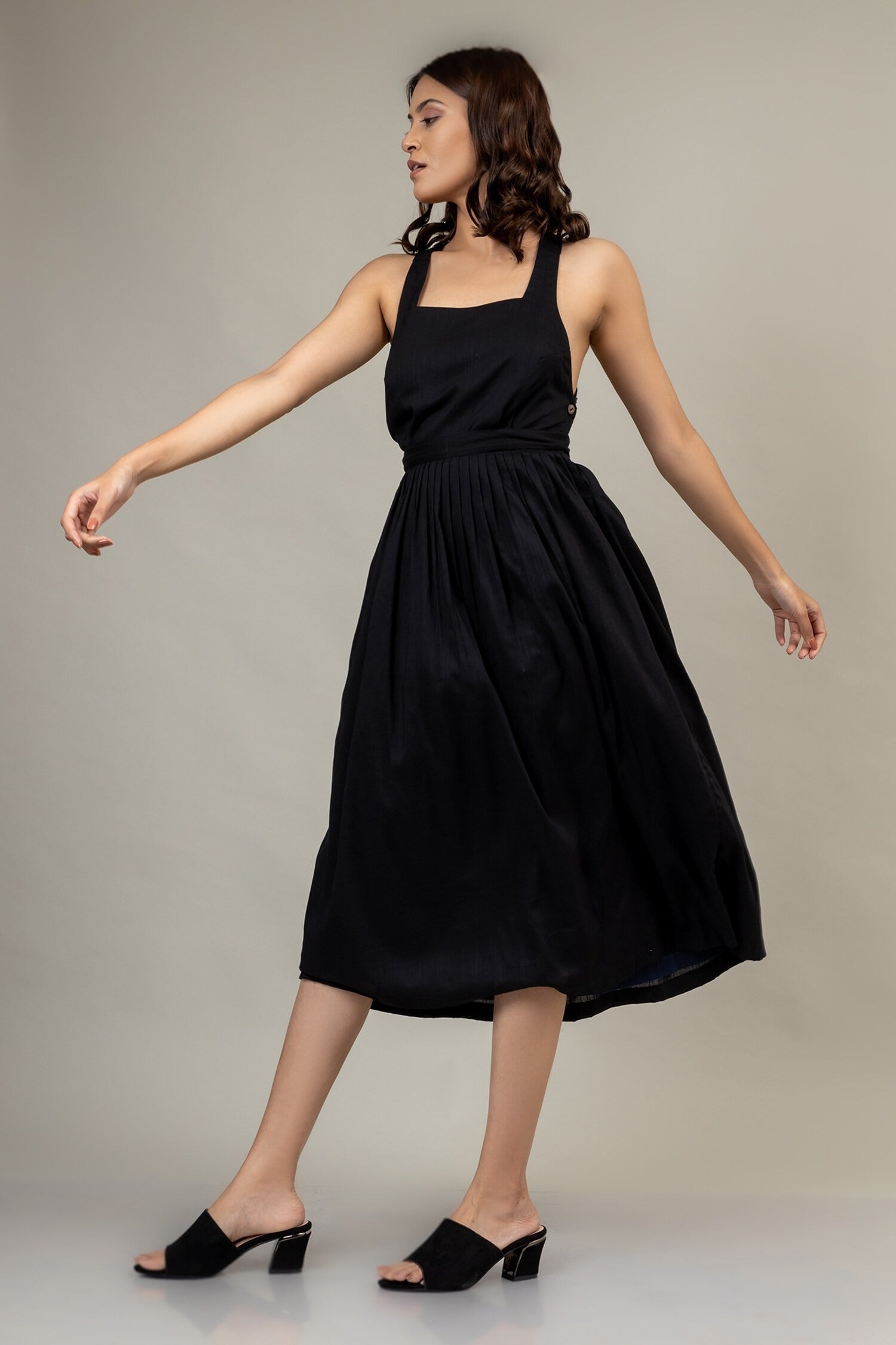 Black Cotton Square Neck Gathered Dress for Women