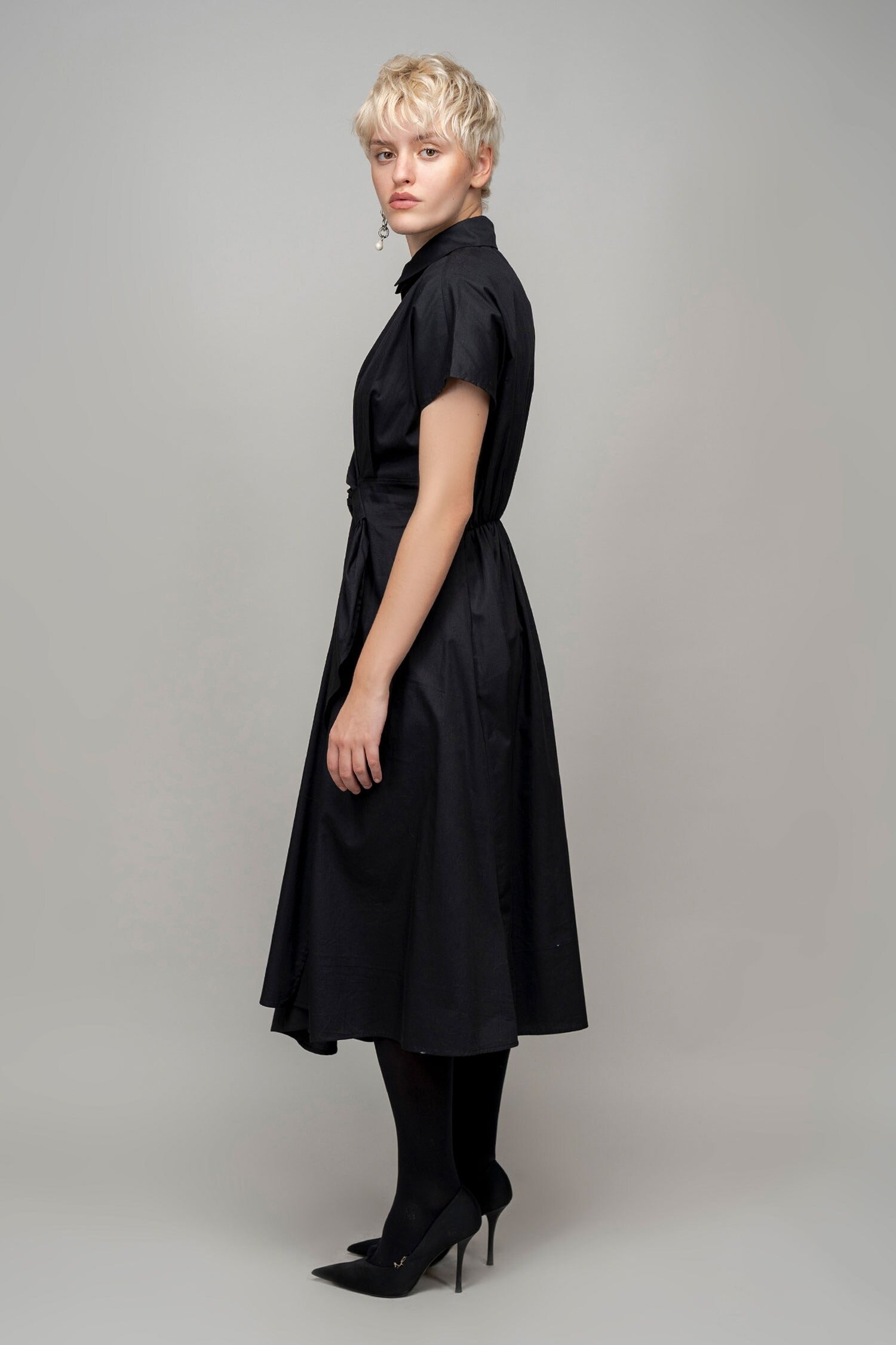 Black Cotton Collared Wrap Dress for Women