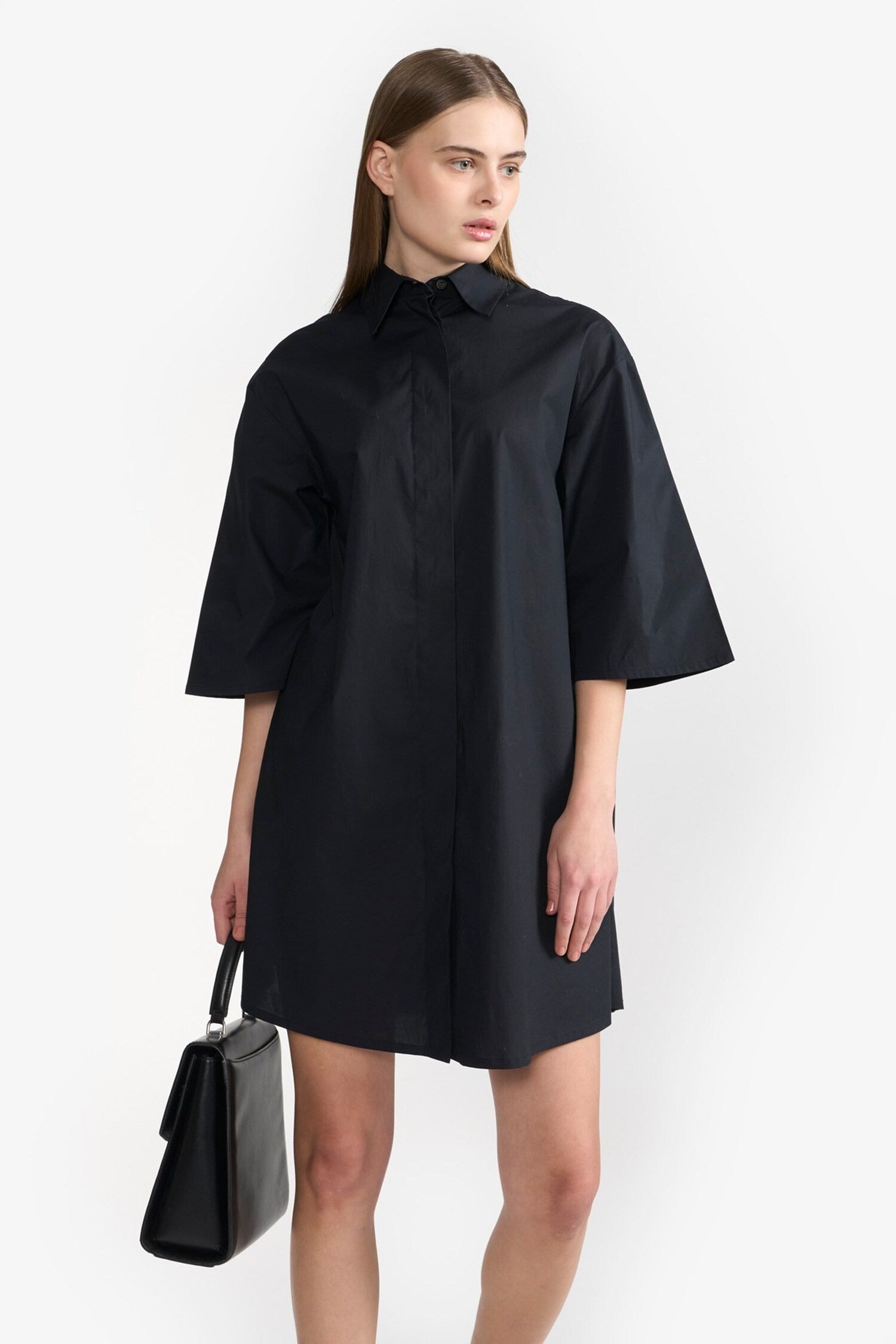 Black Cotton Plain Collared Neck Dress for Women