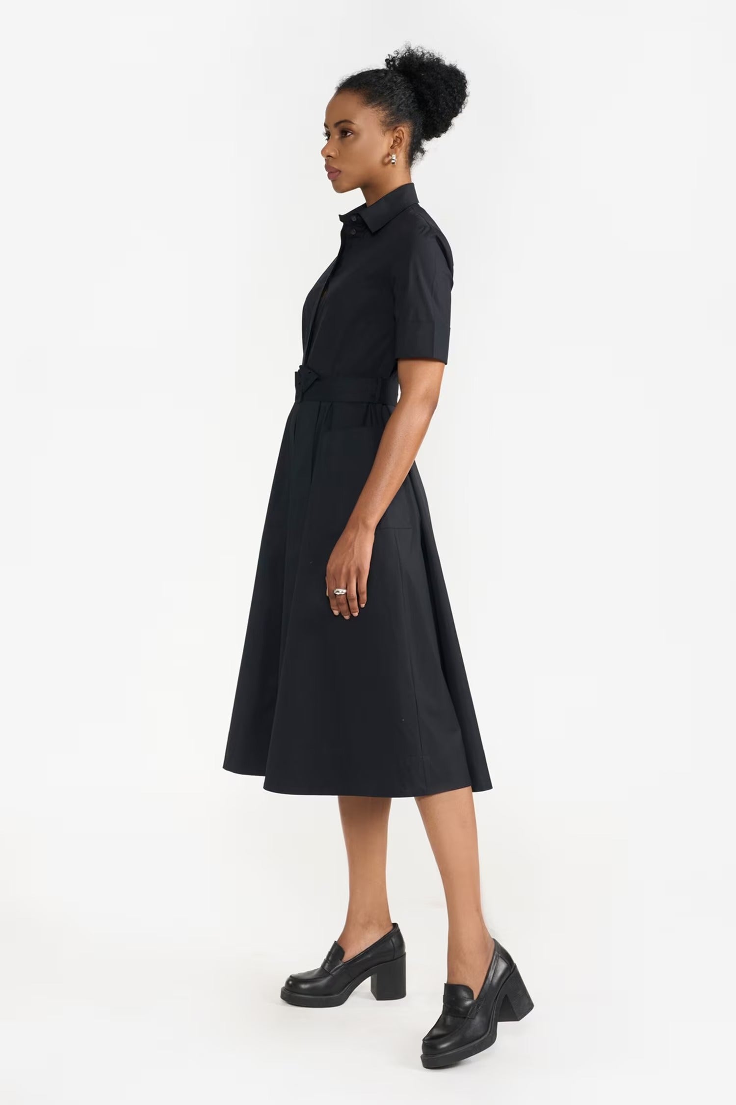 Black Cotton Collared Side Slit Dress for Women