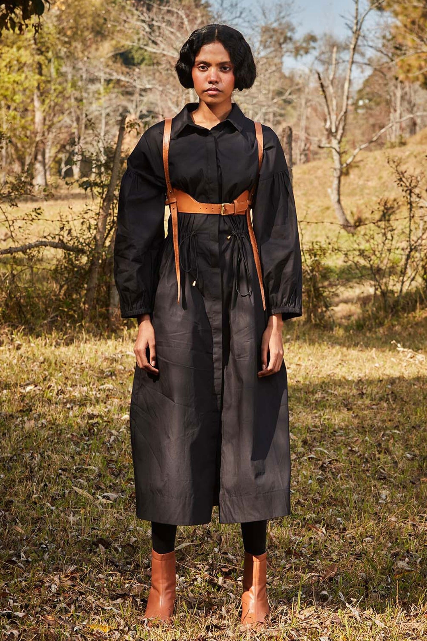 Black Cotton Poplin Collared Balloon Sleeve Shirt Dress for Women