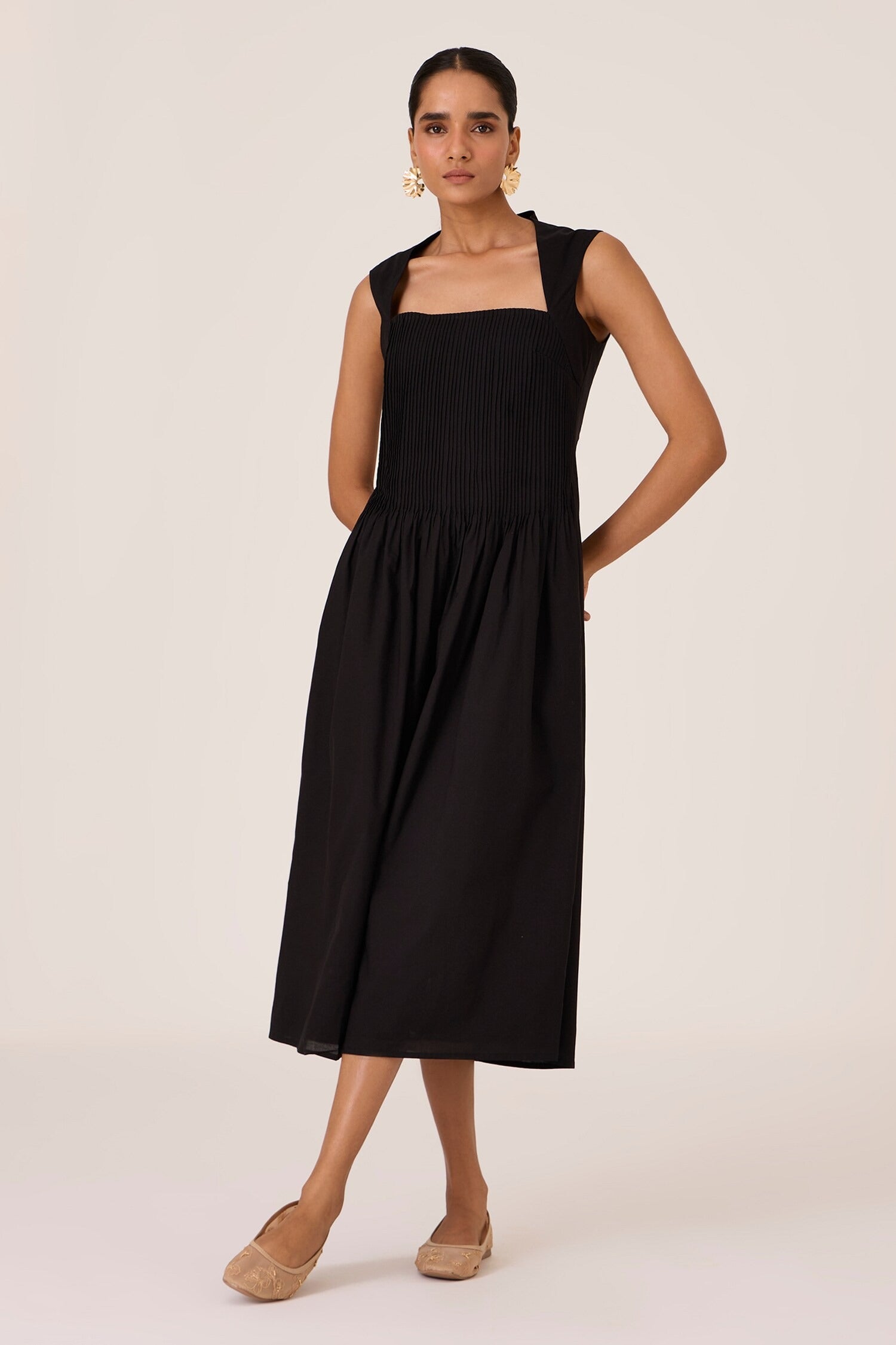 Black Cotton Square Neck Pleated Midi Dress for Women