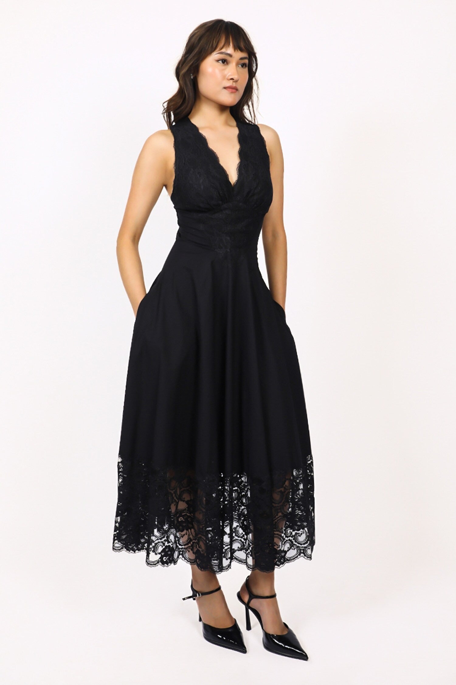 Black Viscose Cotton Lace Plunge Neck Midi Dress for Women