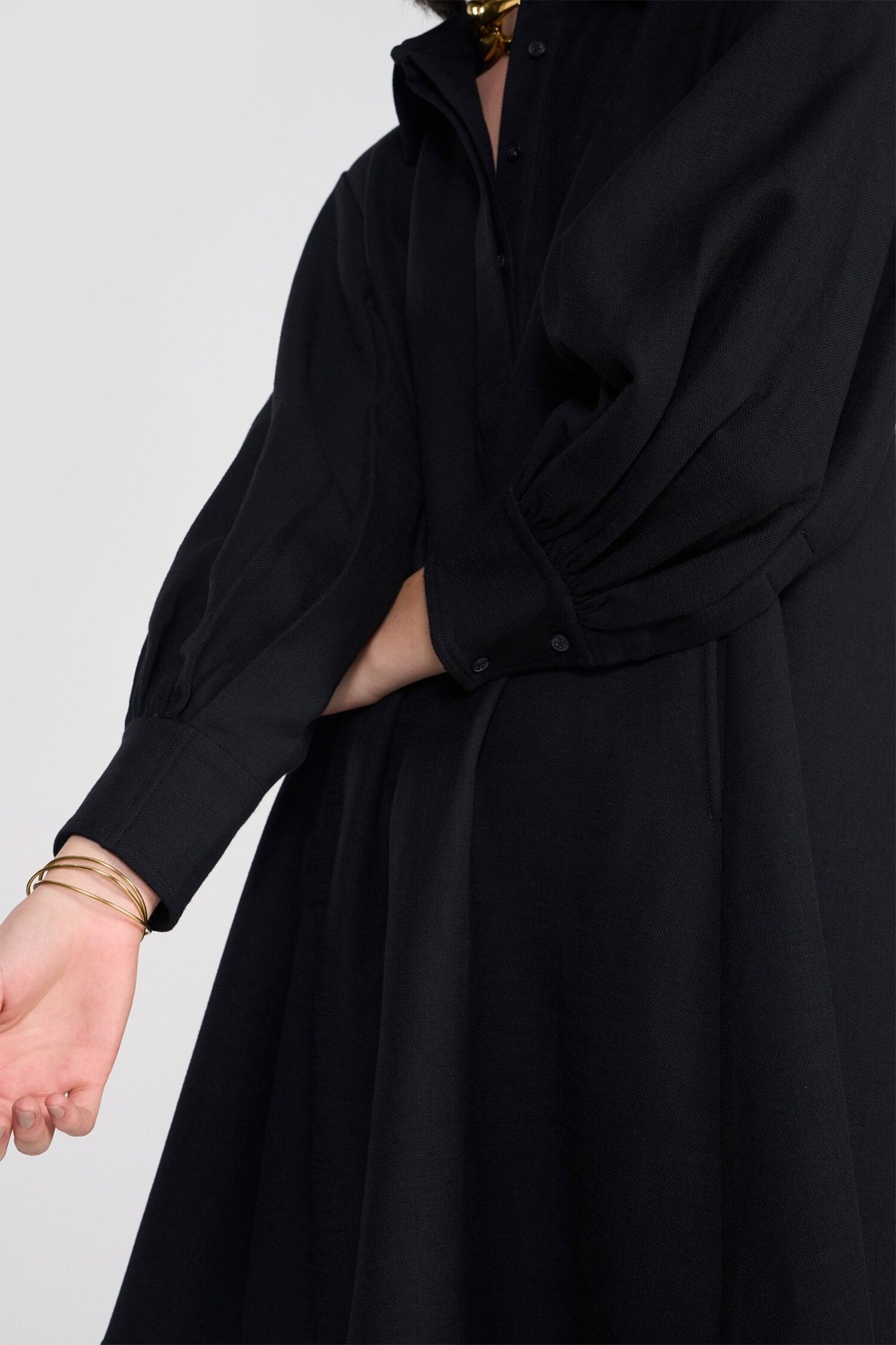 Black Viscose Cotton Twill Collared Short Dress for Women