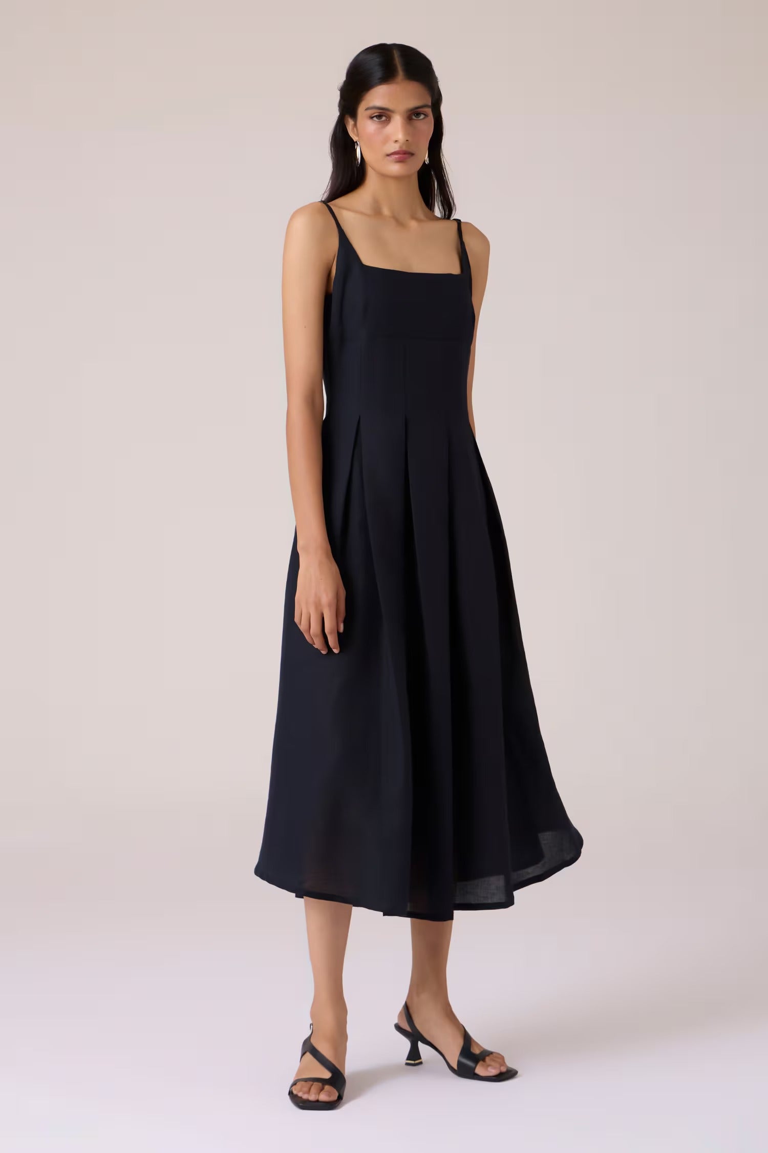 Black Linen Cotton Square Neck Midi Dress for Women