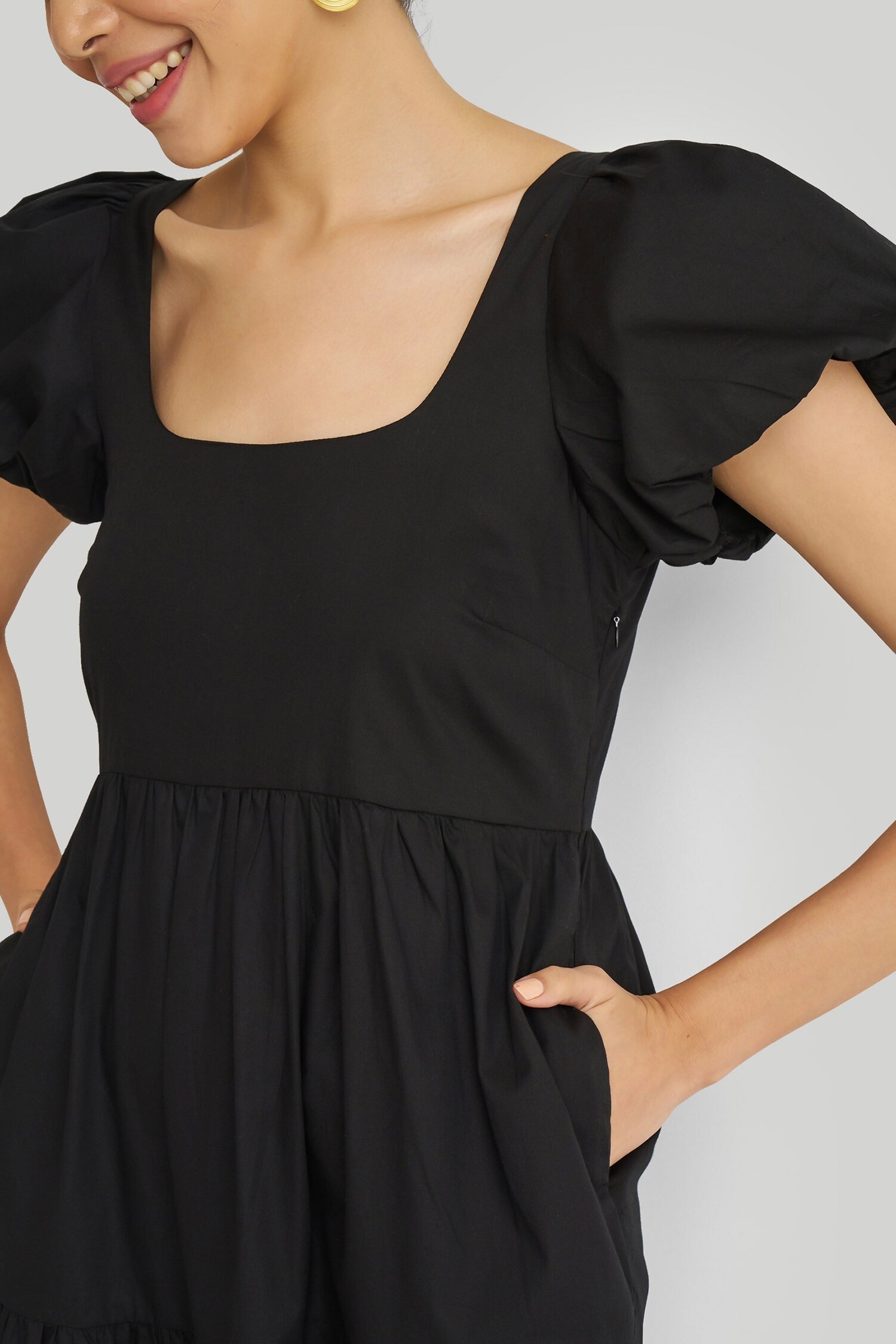 Black Cotton Embroidery Square Neck Puff Sleeve Dress for Women