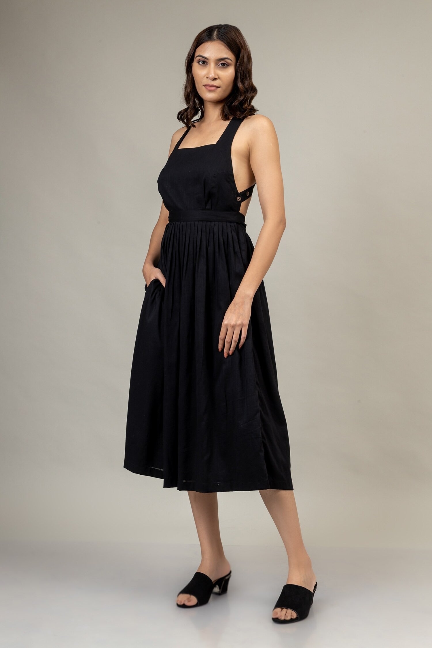 Black Cotton Square Neck Gathered Dress for Women